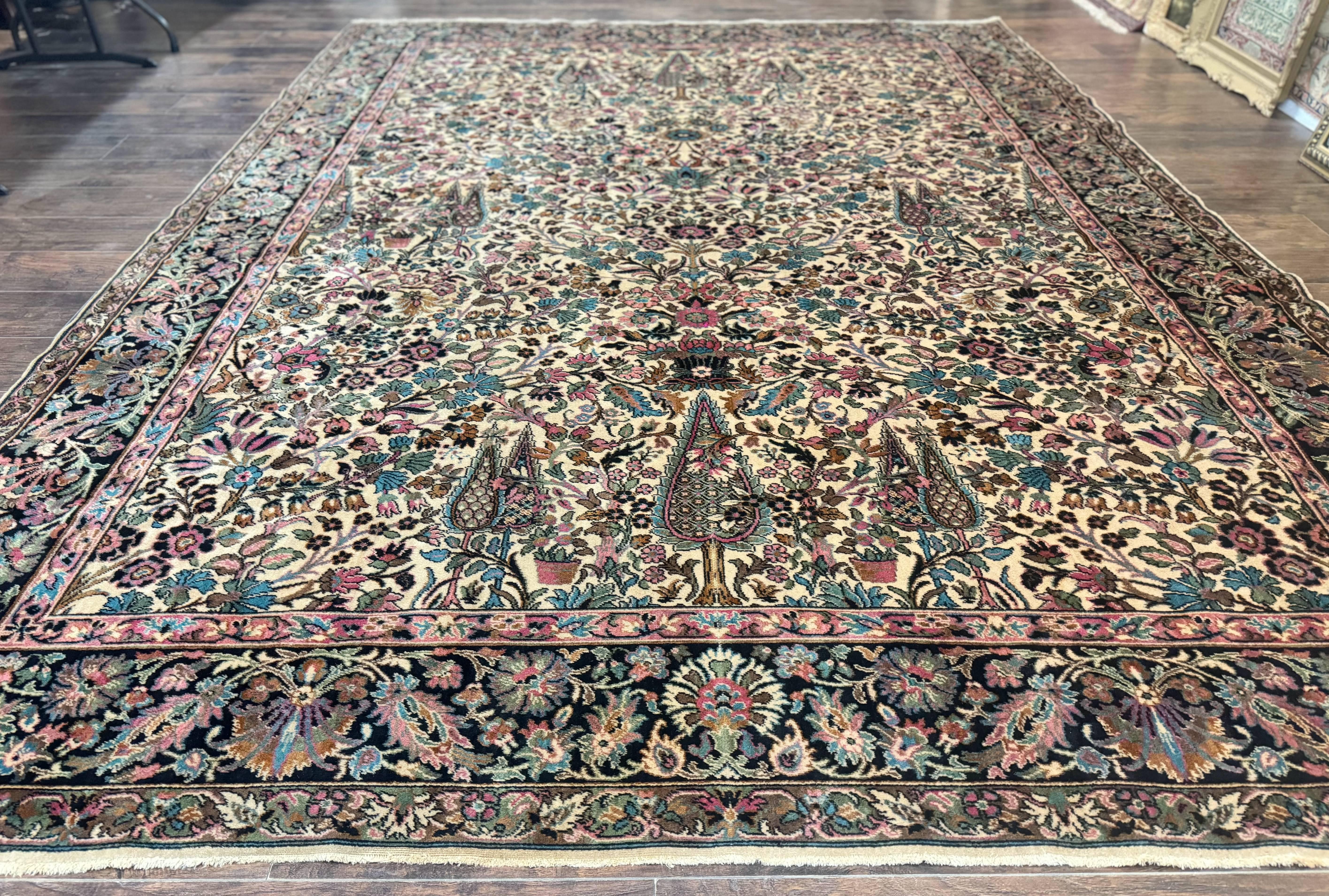 Persian Rug 9x12, Vintage Belgium Power Loomed Rug, Kirman Design, Cream and Navy Blue, Floral Allover Pattern, Wool, Cedar Trees, Gulistan - Jewel Rugs