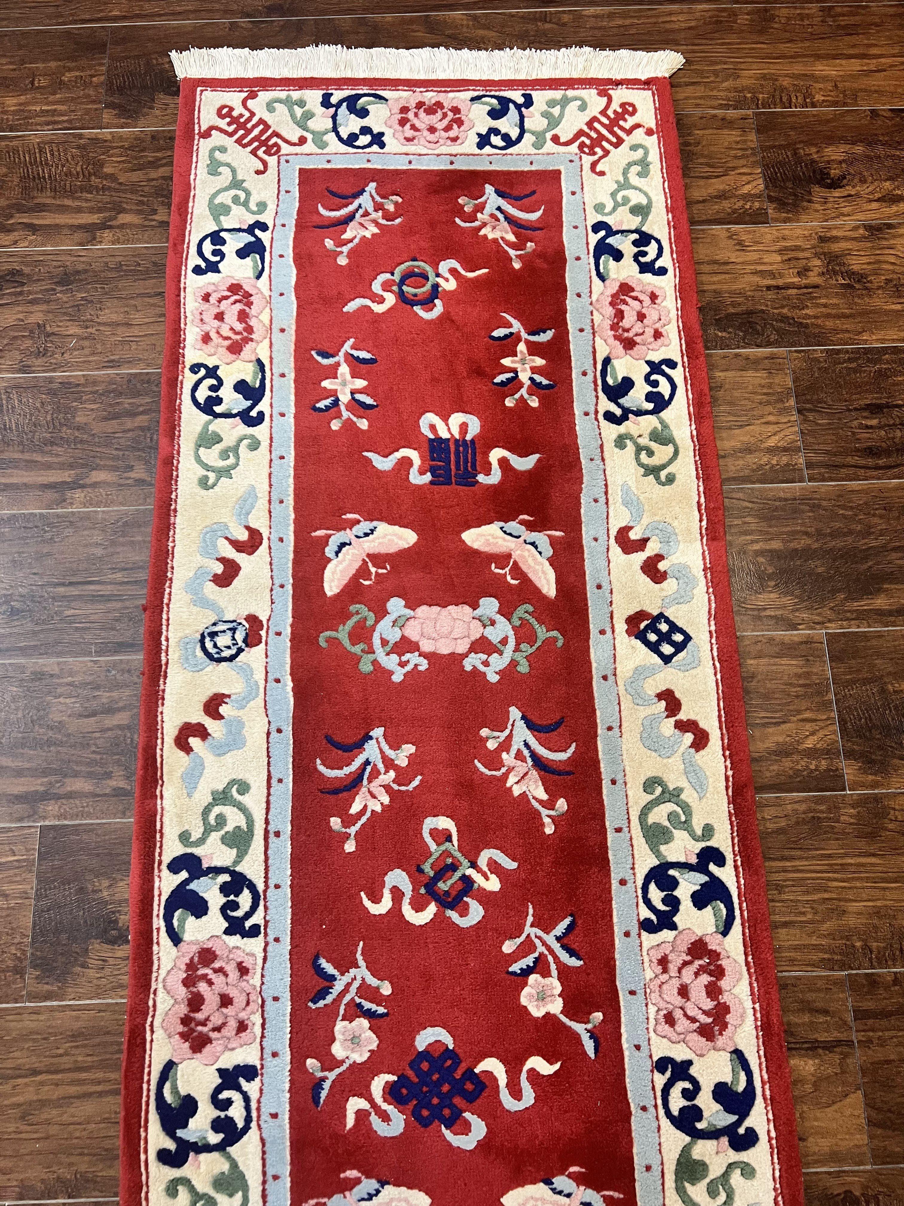 Chinese Wool Runner Rug 2x11, Red and Cream, Butterflies, Handmade Vintage Wool Asian Oriental Carpet 2 x 11, Chinese Carving Rug, 120 Line - Jewel Rugs