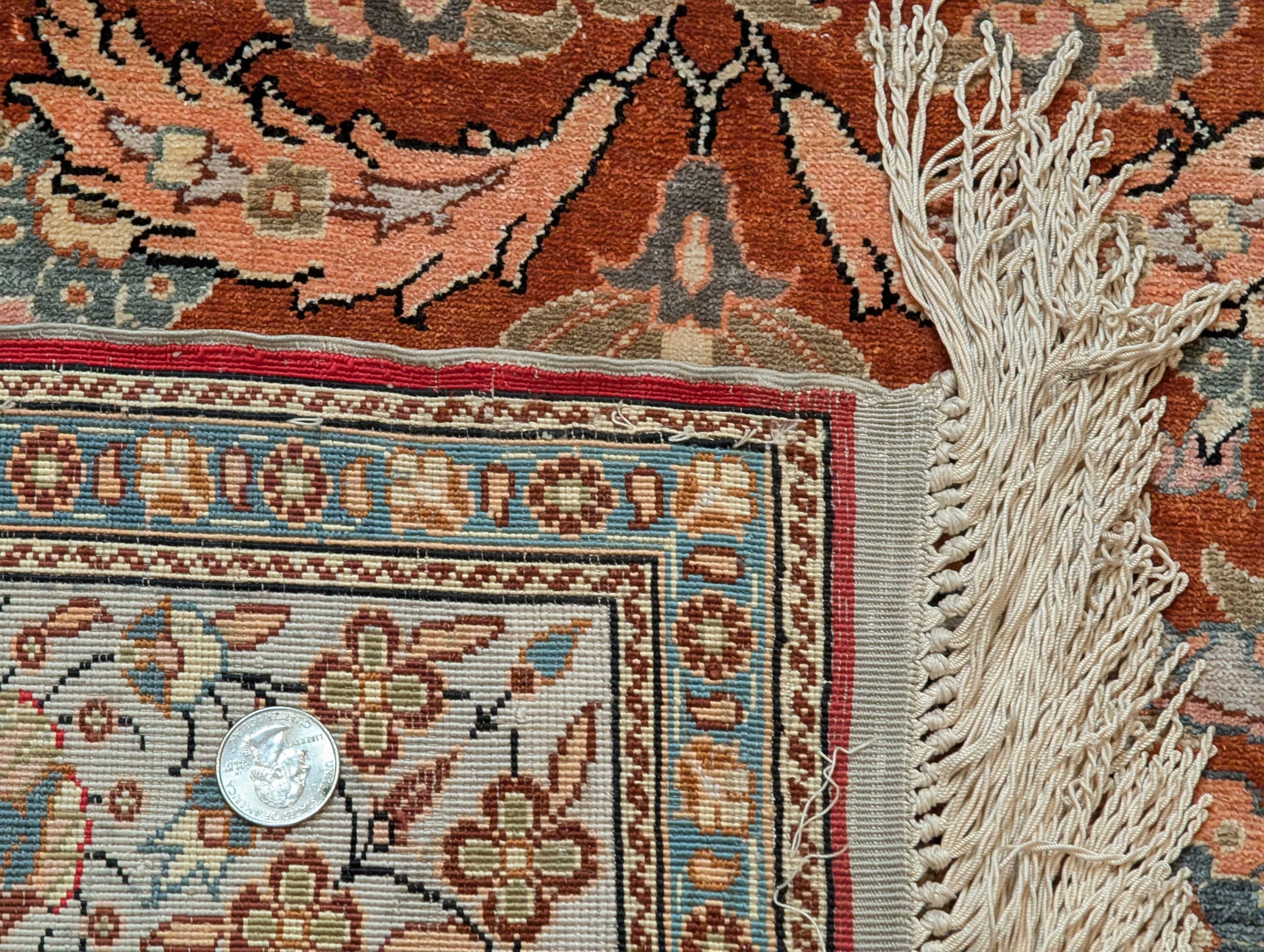 Silk Turkish Hereke Rug 3x5, Fine Hand-Knotted Silk Carpet, Rust Red & Green - Jewel Rugs