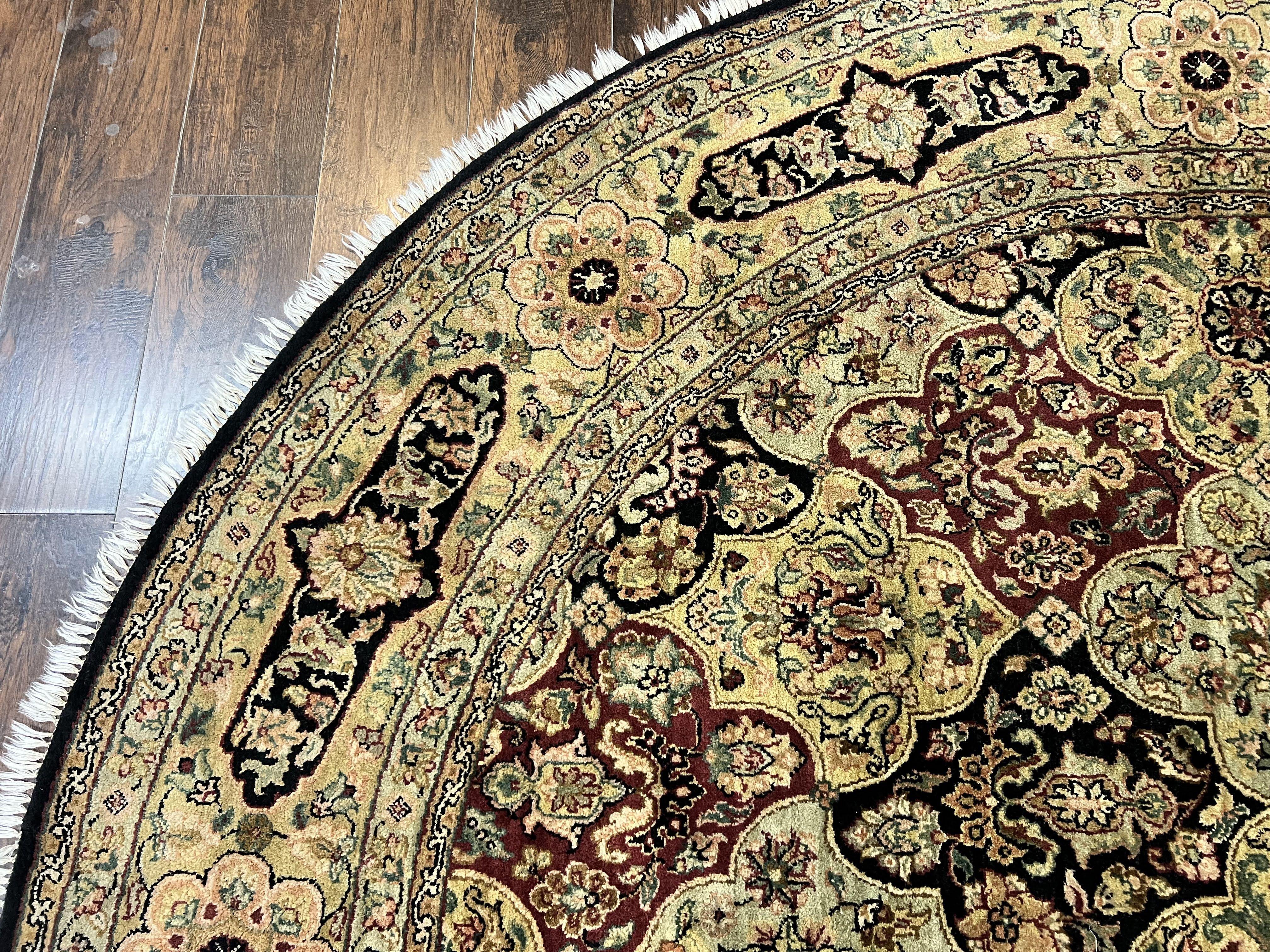 Indo Mahal Round Rug 9x9 ft, Large Circular Handmade Hand Knotted Area Rug, Red Midnight Blue Beige Wool Indian Oriental Carpet, Traditional - Jewel Rugs
