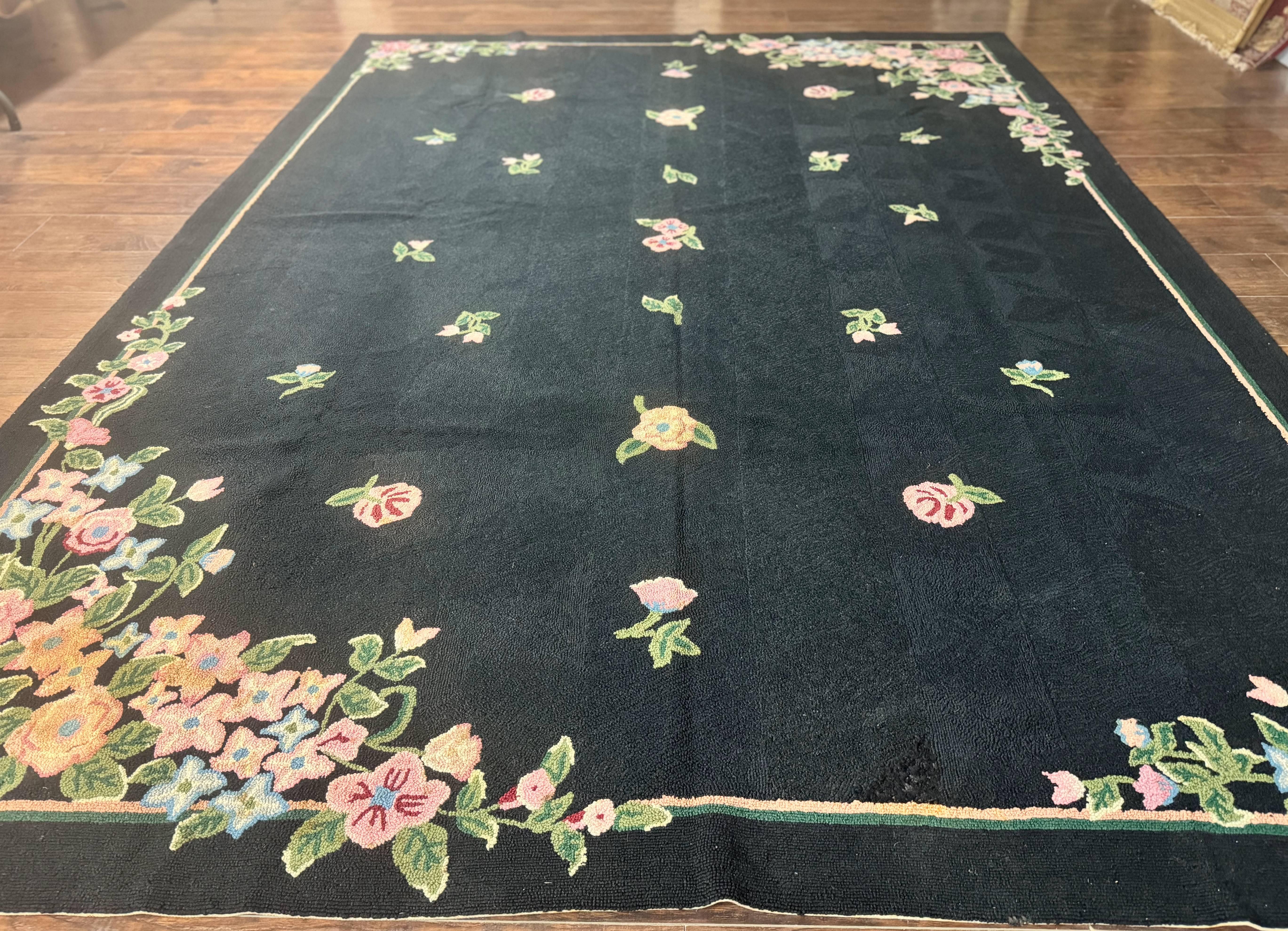 Vintage Hand Hooked Rug 8x11, Black, Handmade Floral Carpet - Jewel Rugs