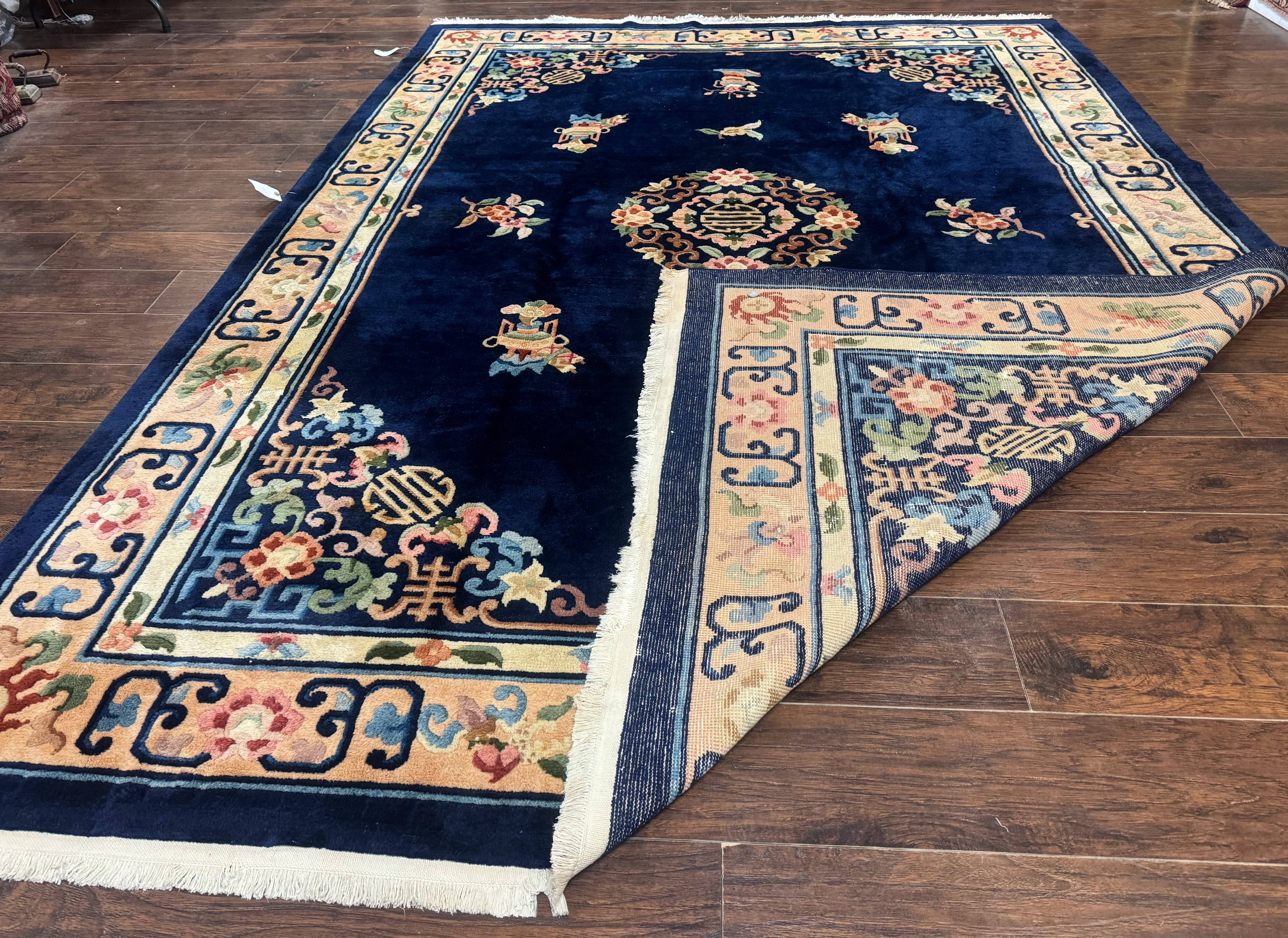 Chinese Wool Rug 8x11, Navy Blue and Beige, Simple Design, Fete Carpet - Jewel Rugs
