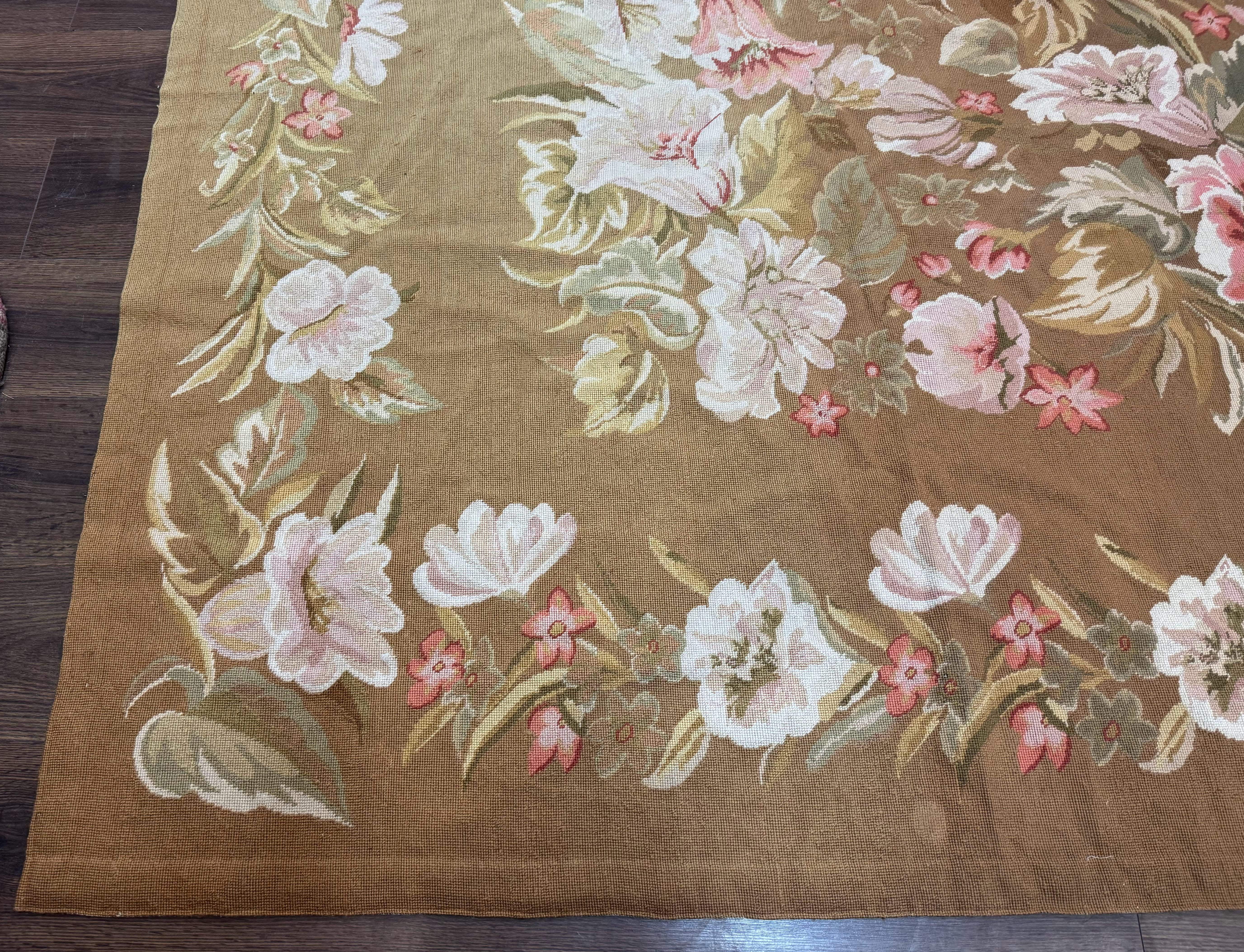 Large Needlepoint Rug 11x14, Vintage Floral Wool Carpet, Caramel - Jewel Rugs