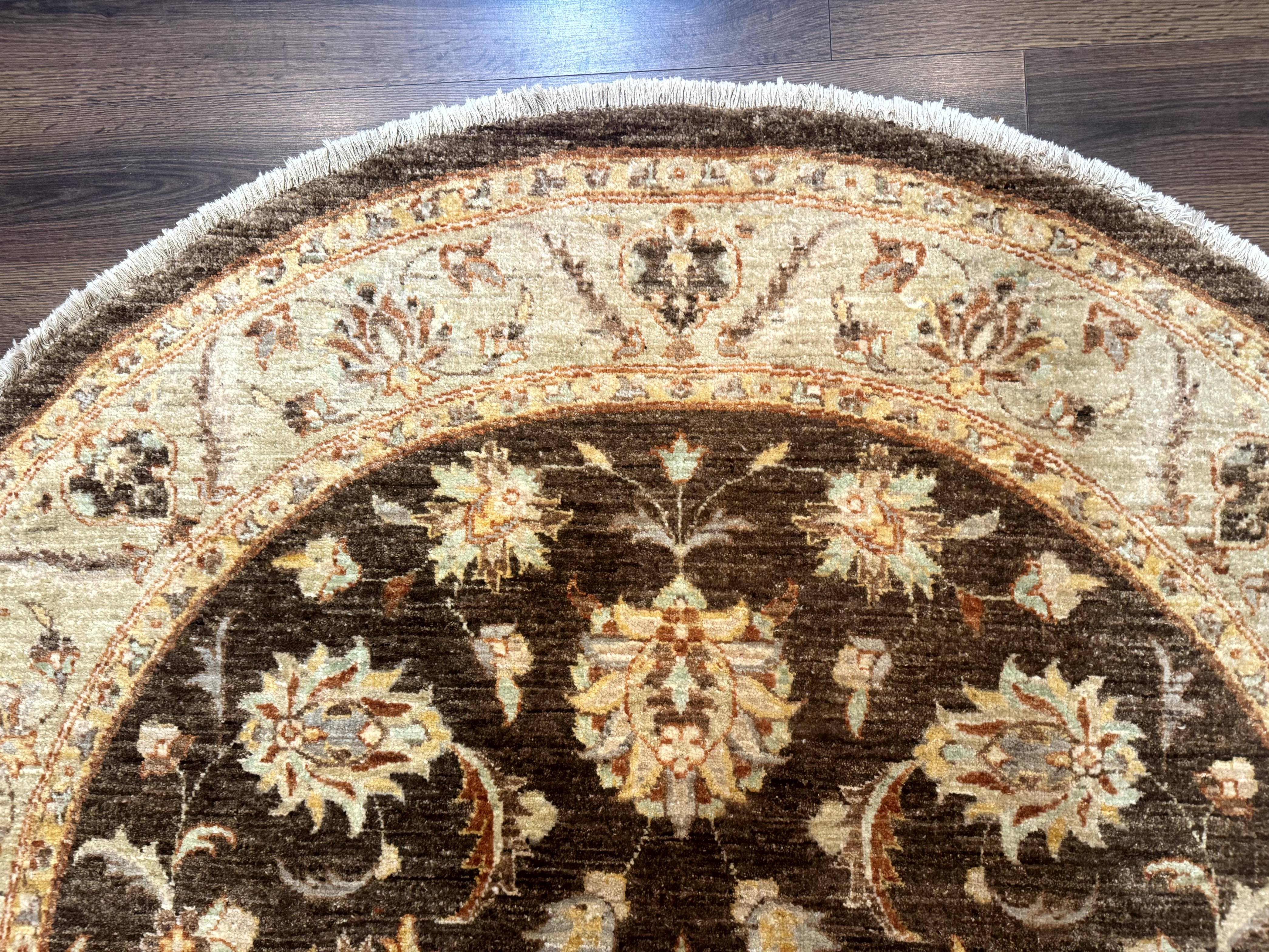 Round Pakistani Rug 6x6, Brown and Beige, Floral, Peshawar Rug, Traditional - Jewel Rugs