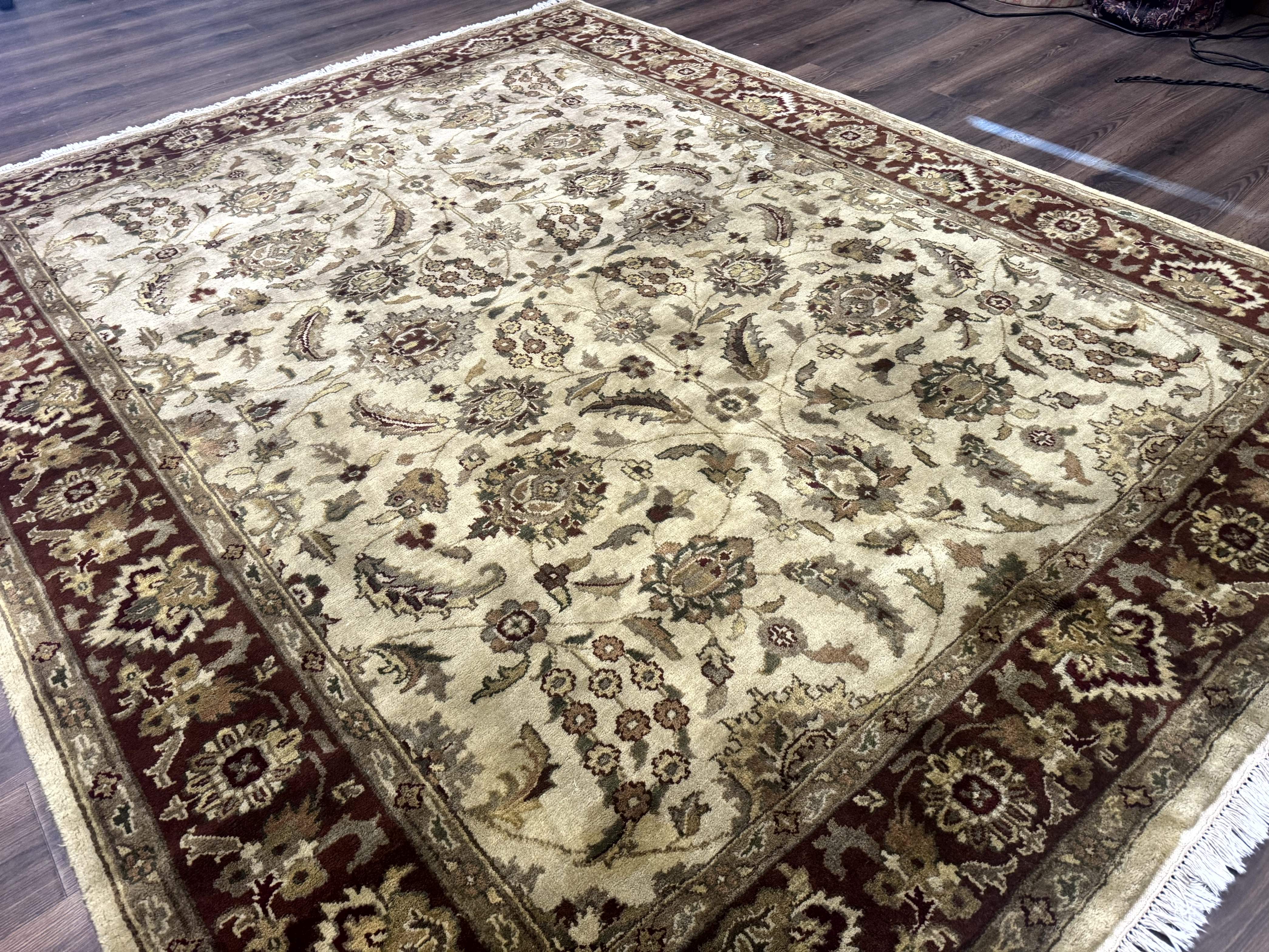 Indo Persian Mahal Rug 8x10 – Beige and Maroon, Hand-Knotted Wool Carpet - Jewel Rugs