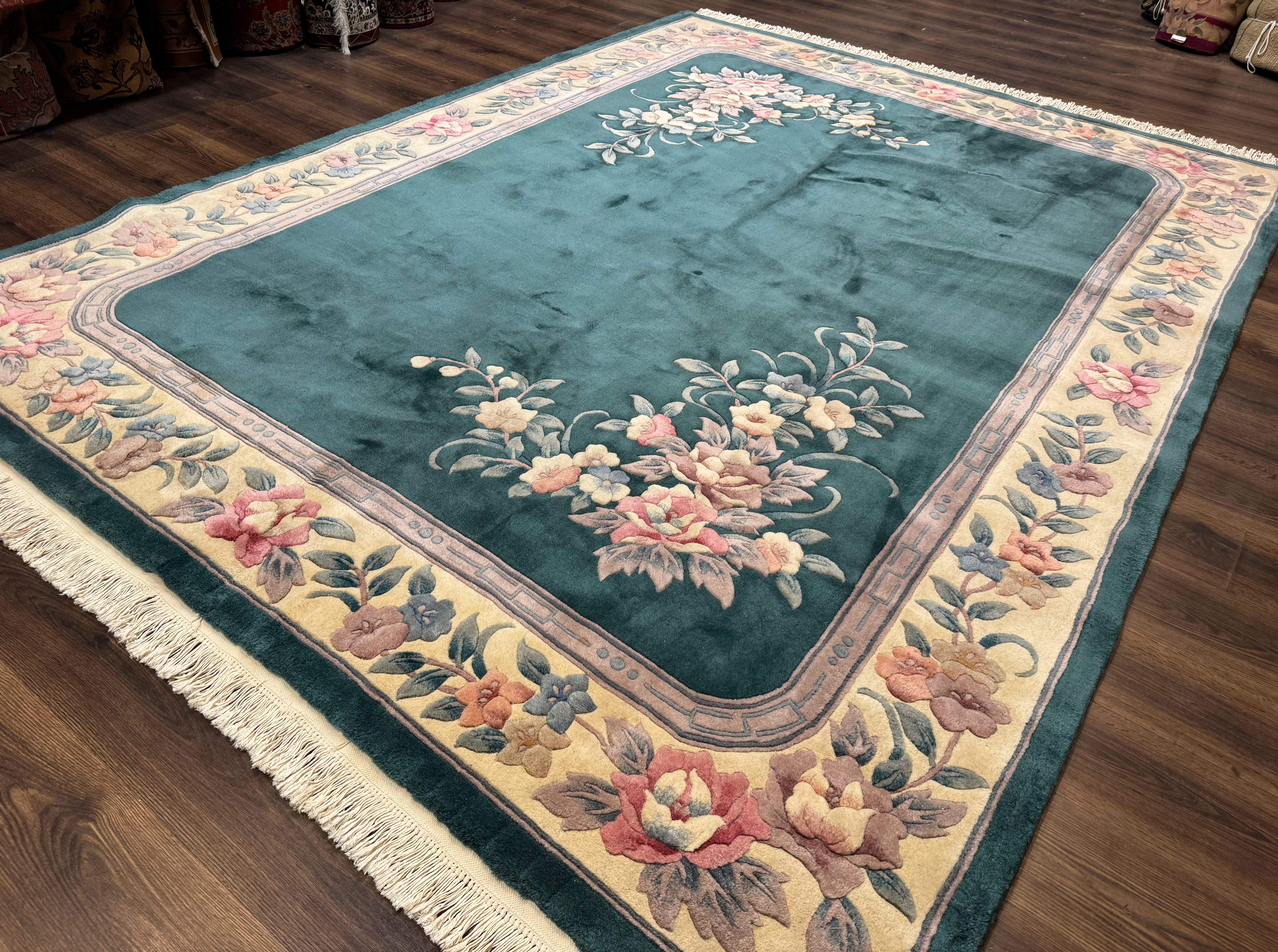 Chinese 90 Line Rug 8x11 ft – Teal and Beige, Hand-Knotted Wool, Aubusson Vintage Carpet - Jewel Rugs