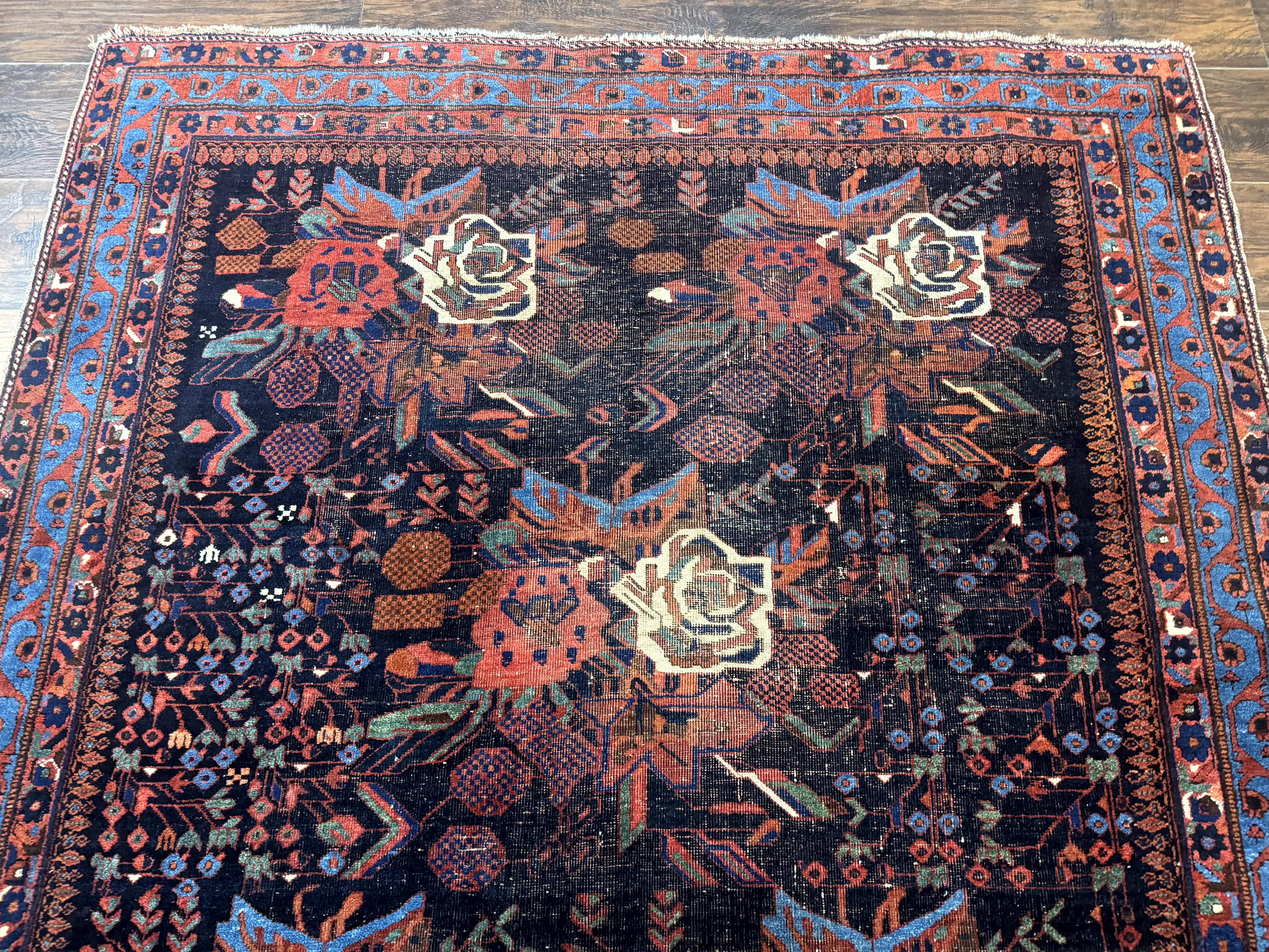 Persian Afshar Tribal Rug 5x6 – Navy and Red, Hand-Knotted Wool, Antique Carpet, Floral - Jewel Rugs