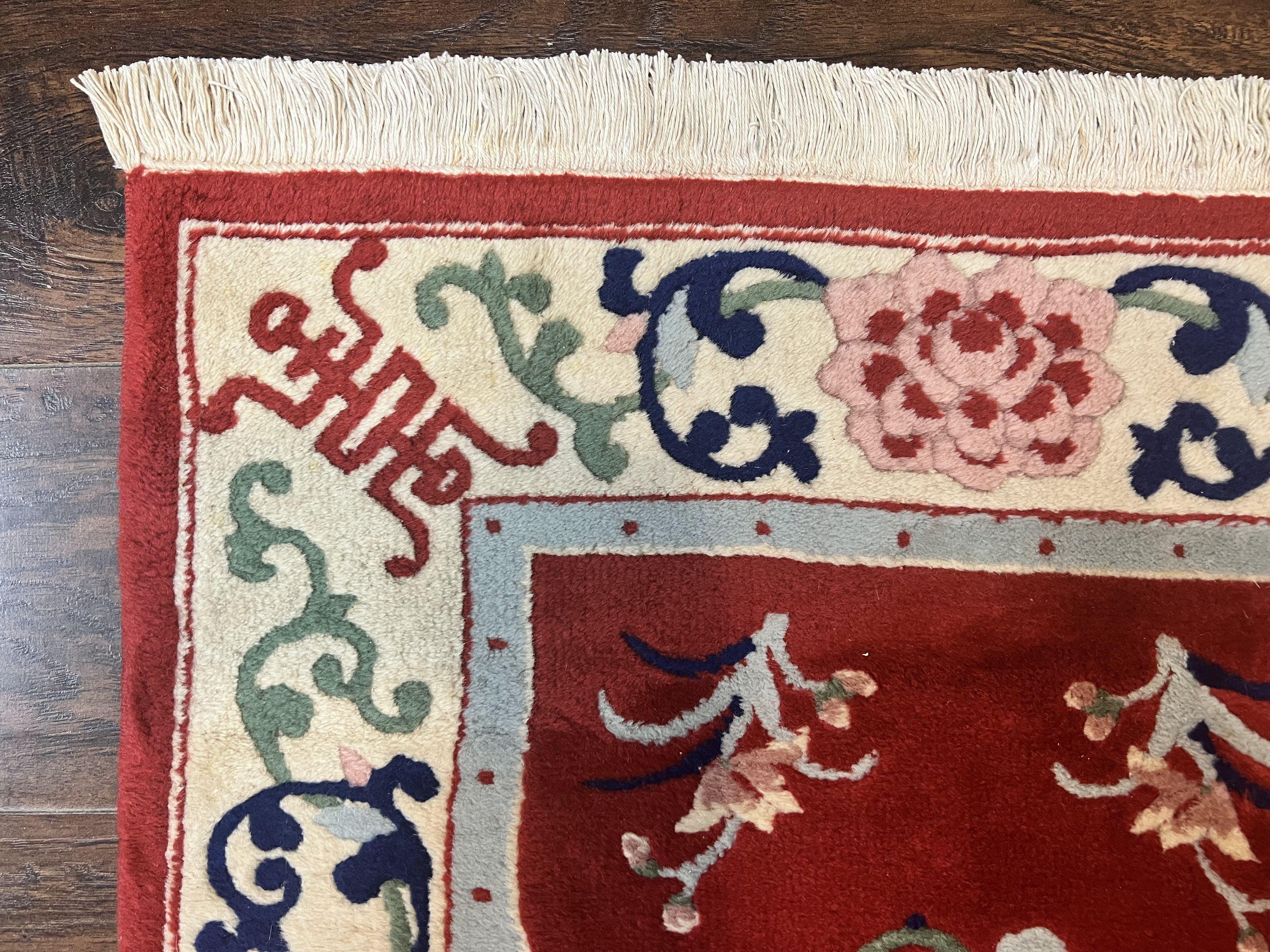 Chinese Wool Runner Rug 2x11, Red and Cream, Butterflies, Handmade Vintage Wool Asian Oriental Carpet 2 x 11, Chinese Carving Rug, 120 Line - Jewel Rugs