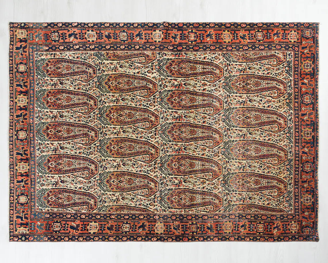 Persian Senneh Rug 5x6, Boteh Paisley Design, Antique 1920s Carpet, Rare - Jewel Rugs