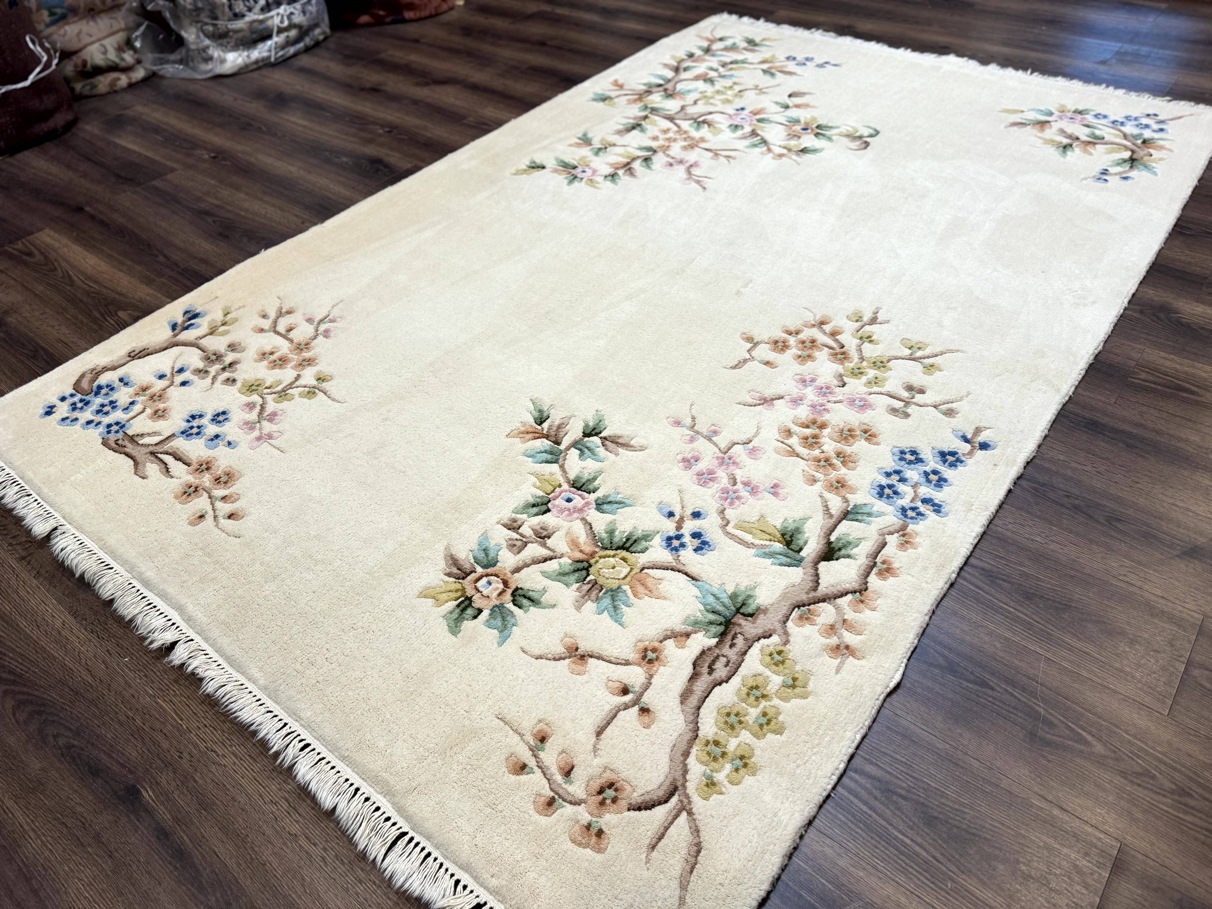 Indo Chinese Wool Rug 5x9, Simple Design, Floral, Ivory, Vintage - Jewel Rugs
