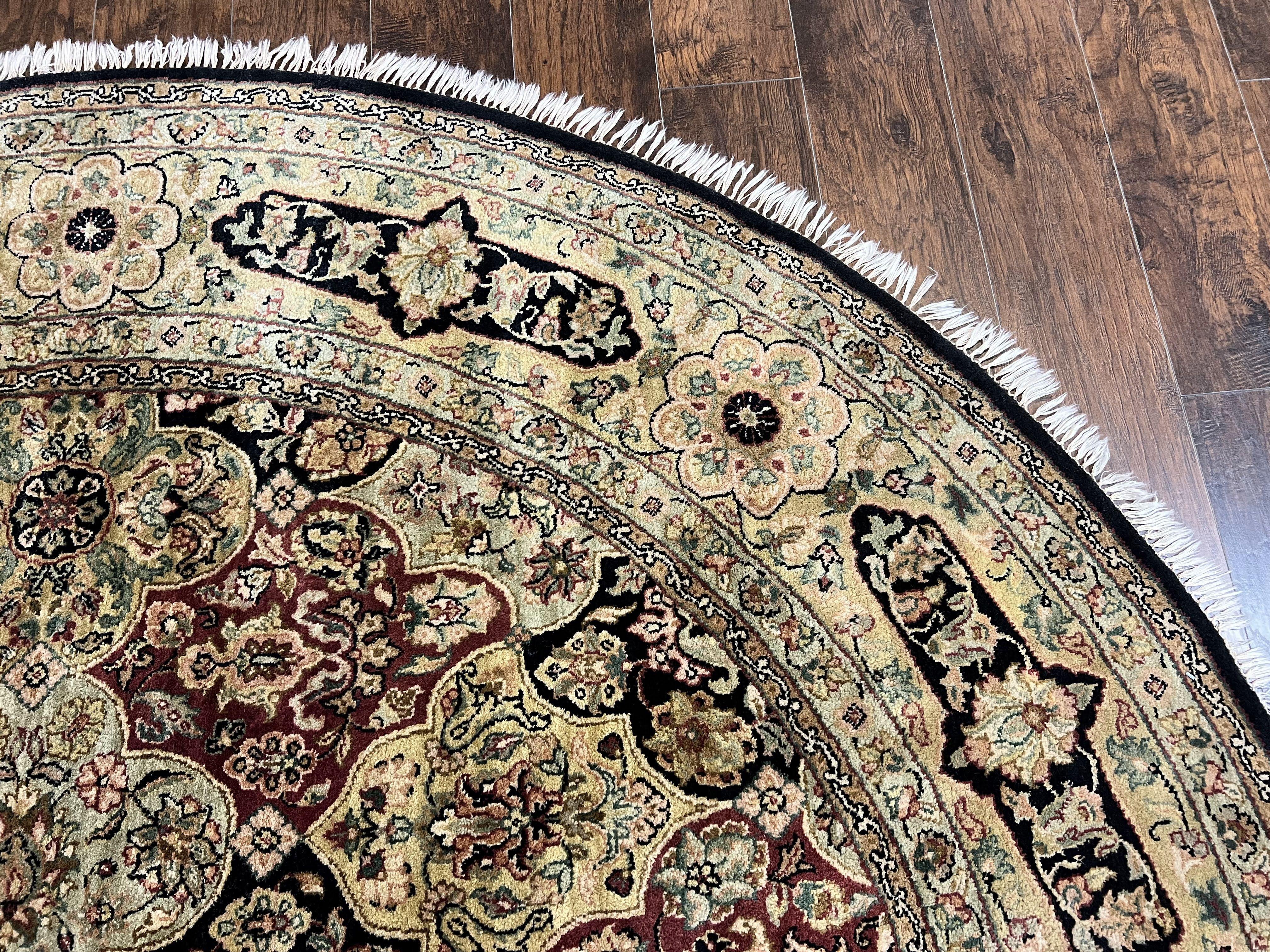 Indo Mahal Round Rug 9x9 ft, Large Circular Handmade Hand Knotted Area Rug, Red Midnight Blue Beige Wool Indian Oriental Carpet, Traditional - Jewel Rugs