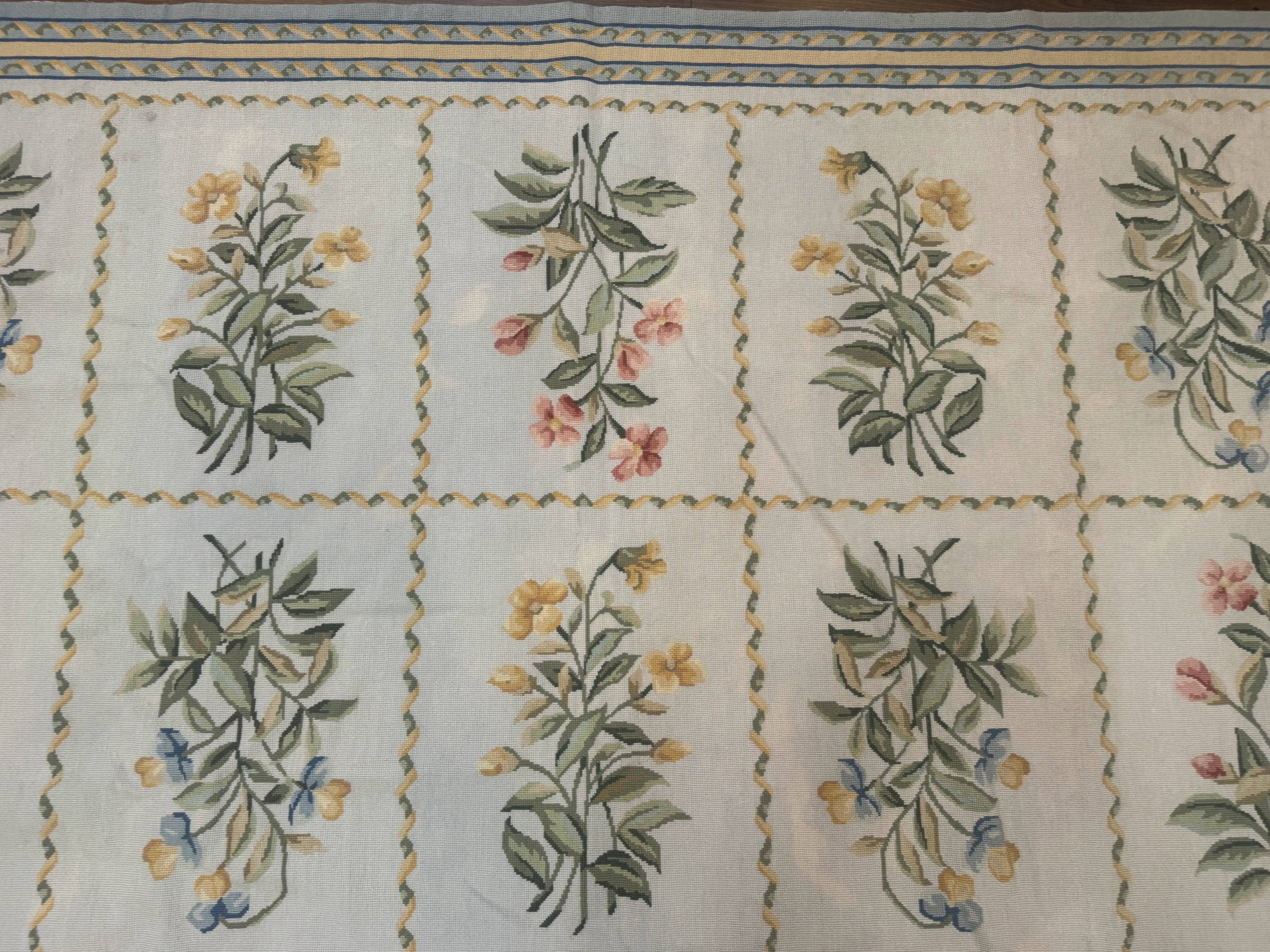 Needlepoint Rug 8x10, Vintage, Aubusson Panel Design, Floral, Wool - Jewel Rugs