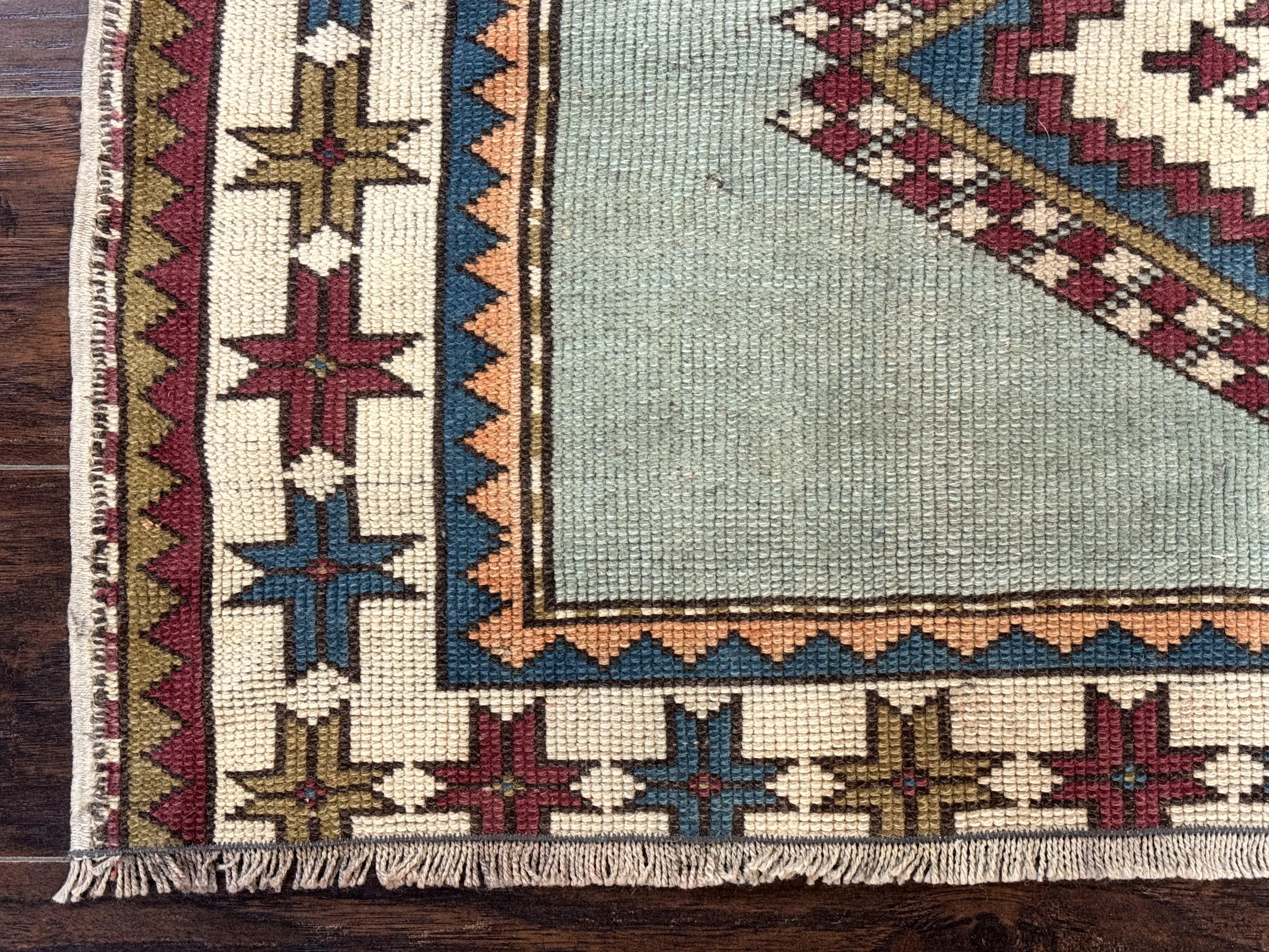 Turkish Kazak Rug 4x6, Geometric Medallion, Caucasian Design Rug, Semi Antique Vintage, Mint Green Maroon Ivory - Jewel Rugs