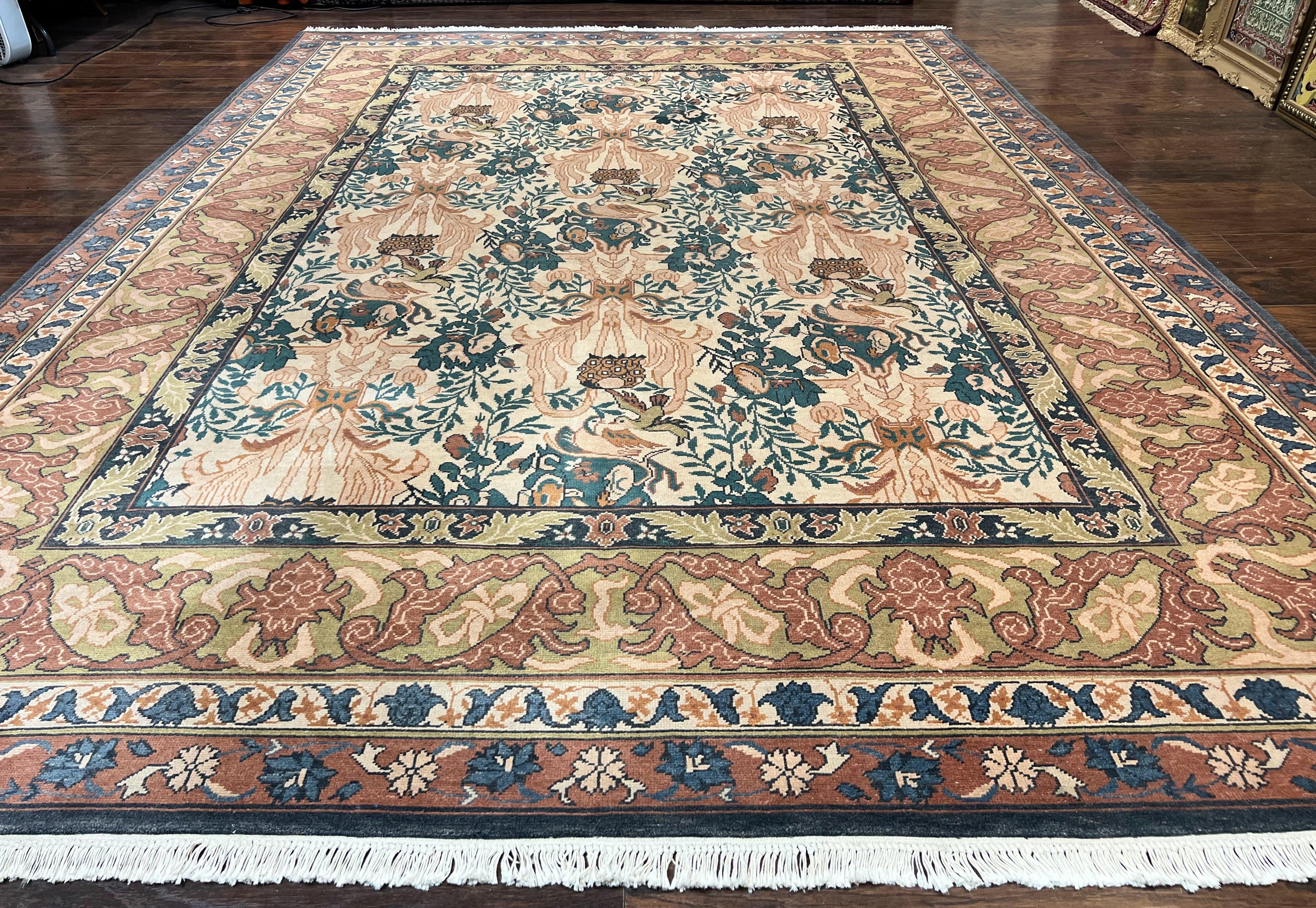 10x13 Wool Rug, Floral Pattern, Birds, Handmade Vintage Carpet, Couristan Rug, Beige - Jewel Rugs