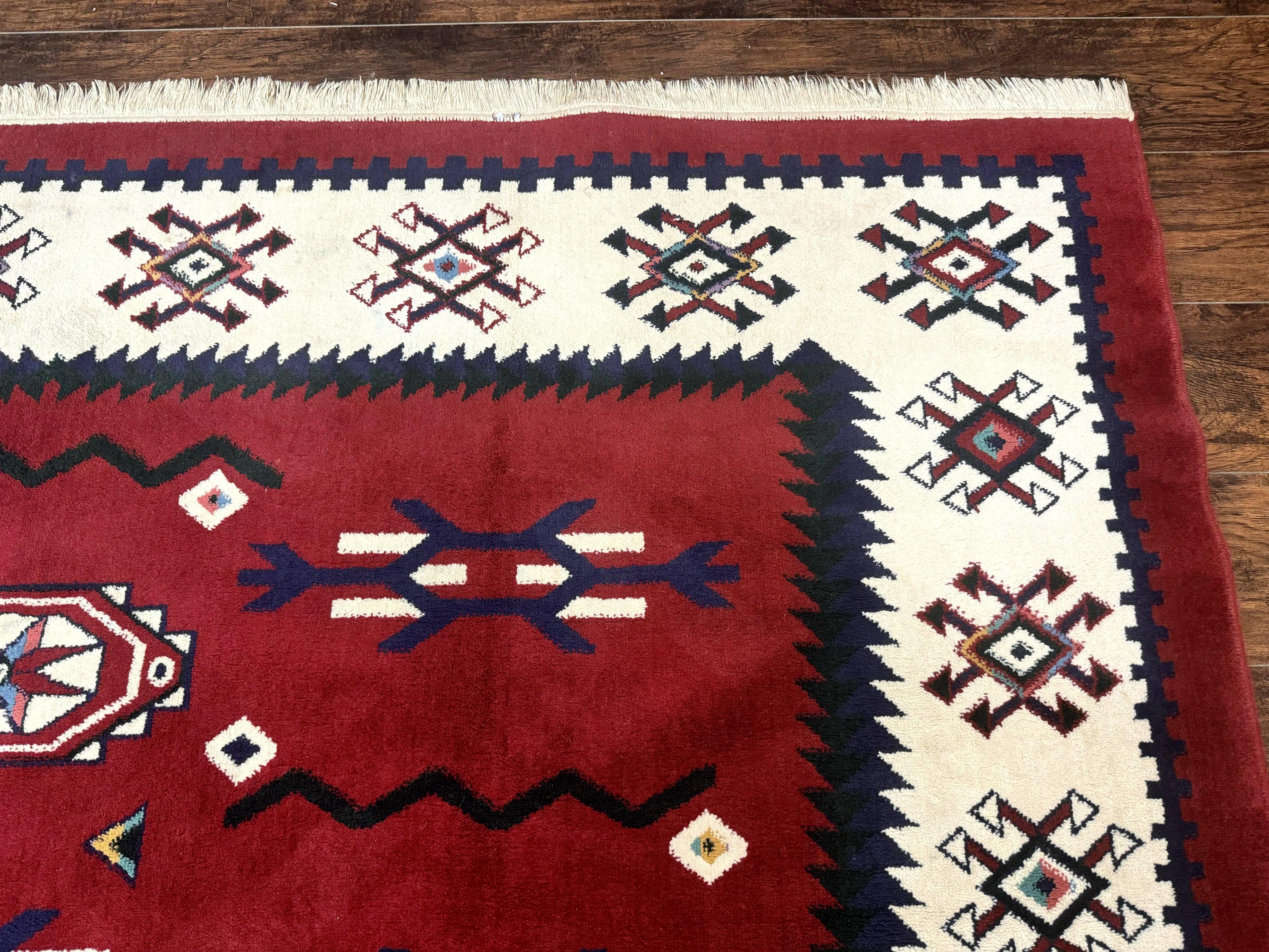 Belgium Power Loomed Rug 8x11, Navajo Native American Design, Dark Red and Ivory, Tribal Rug, Bohemian Carpet - Jewel Rugs