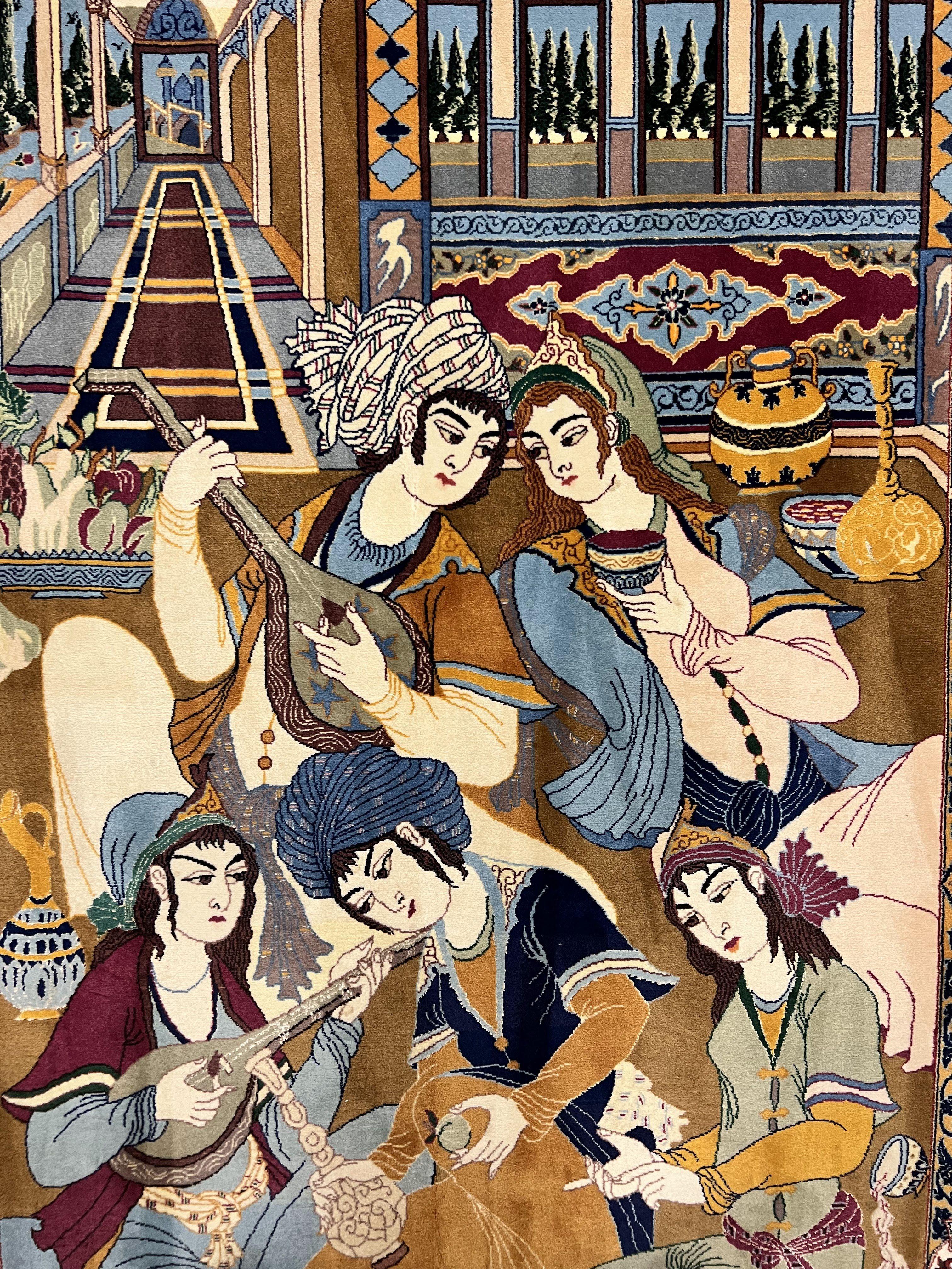 Persian Isfahan Pictoral Rug 3x6, Kork Wool on Silk Foundation, Handmade Vintage Carpet, 550 KPSI Super Fine, Lovers Palace Instruments - Jewel Rugs