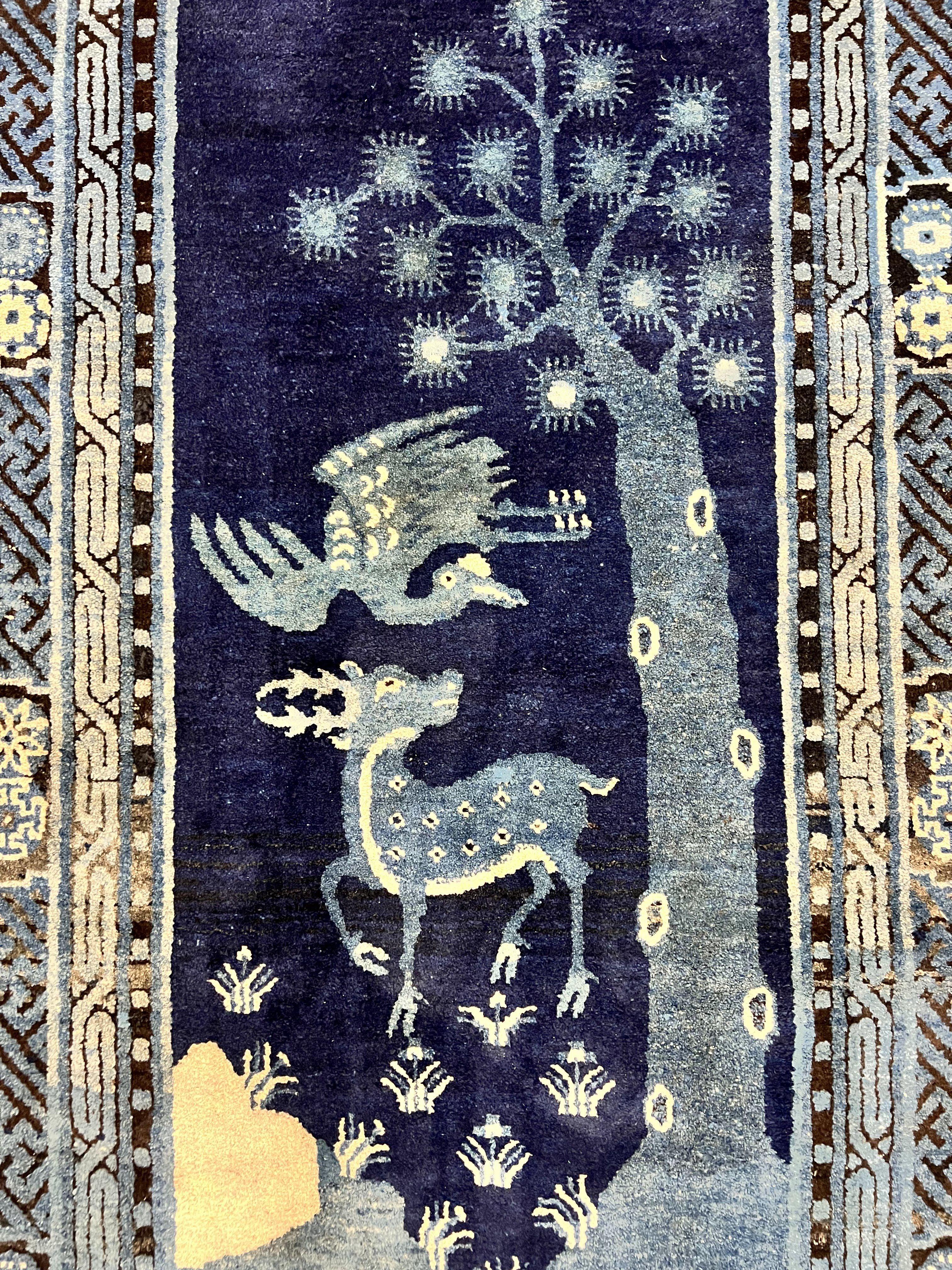 Antique Chinese Peking Rug 3x5, Dark Blue Chinese Wool Rug 3 x 5, Animal Pictorials Deer Birds, Handmade Asian Oriental Chinese Carpet - Jewel Rugs