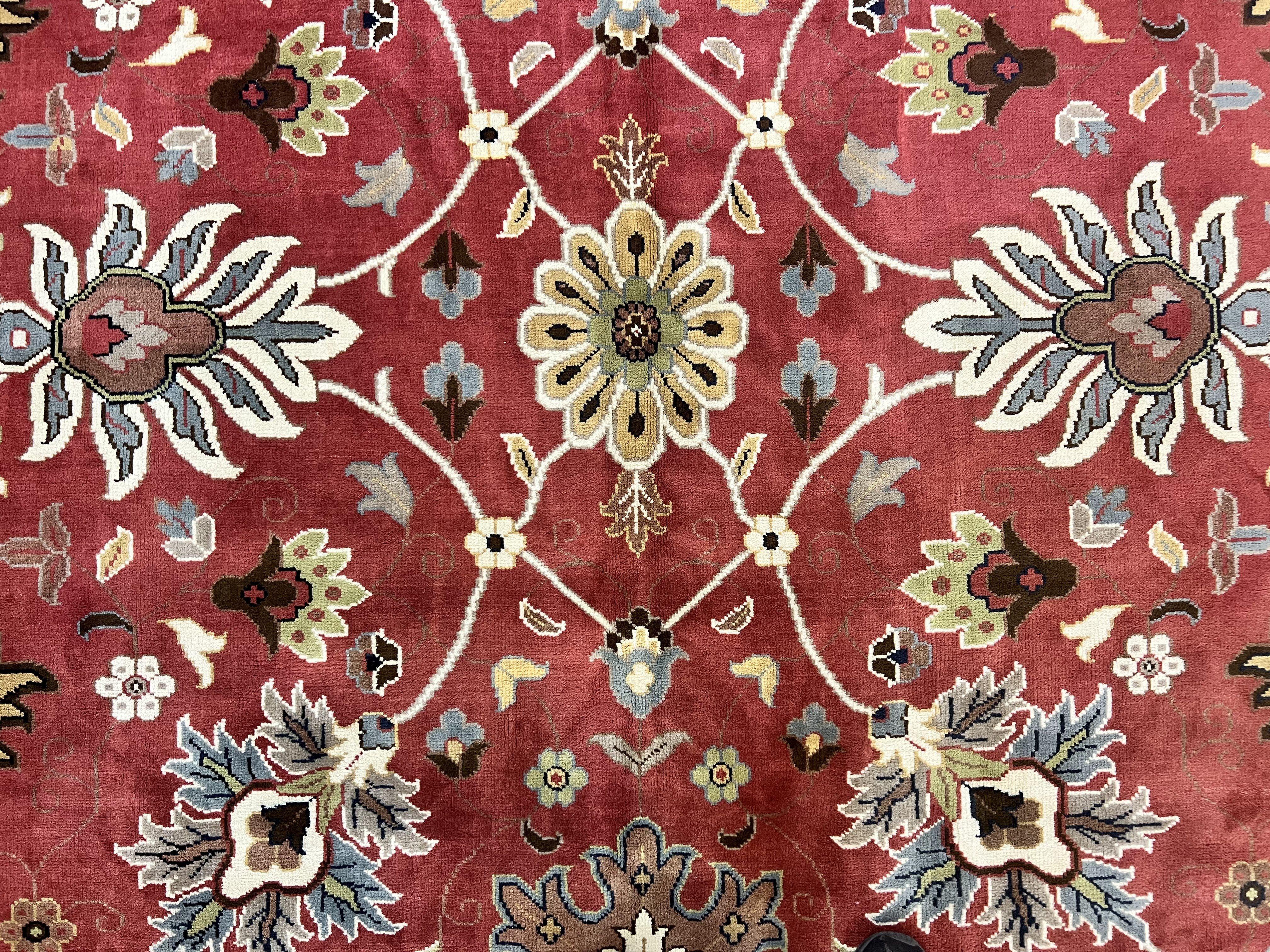 Indo Persian Rug 9x12, Wool Hand Knotted Vintage Carpet, Red & Ivory, Floral Allover, 9 x 12 Room Sized Rug - Jewel Rugs