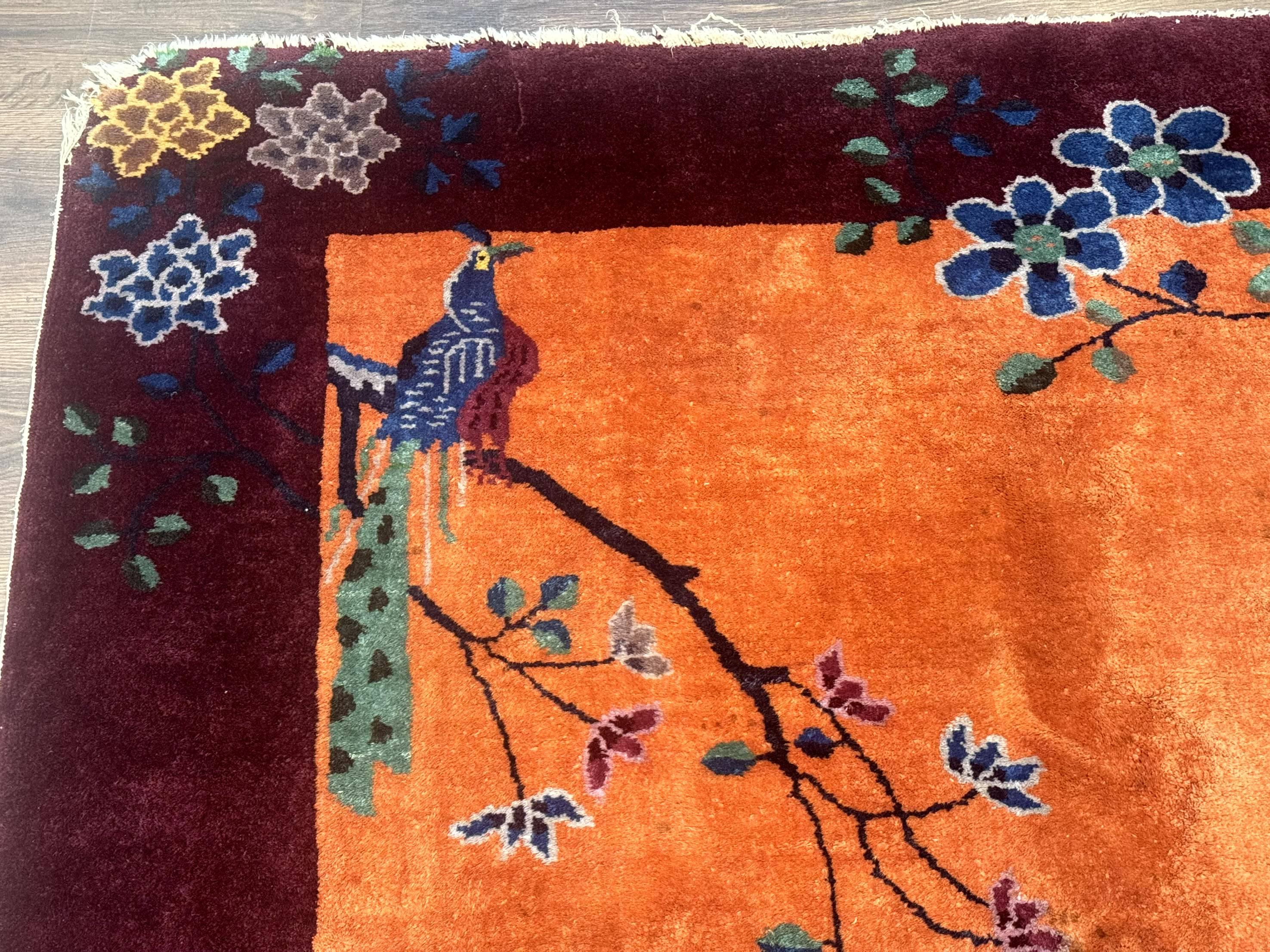 Chinese Art Deco Rug 5x8, Antique Chinese Wool Rug, Nichols Rug, Rare Chinese Carpet, Orange and Purple-Maroon - Jewel Rugs