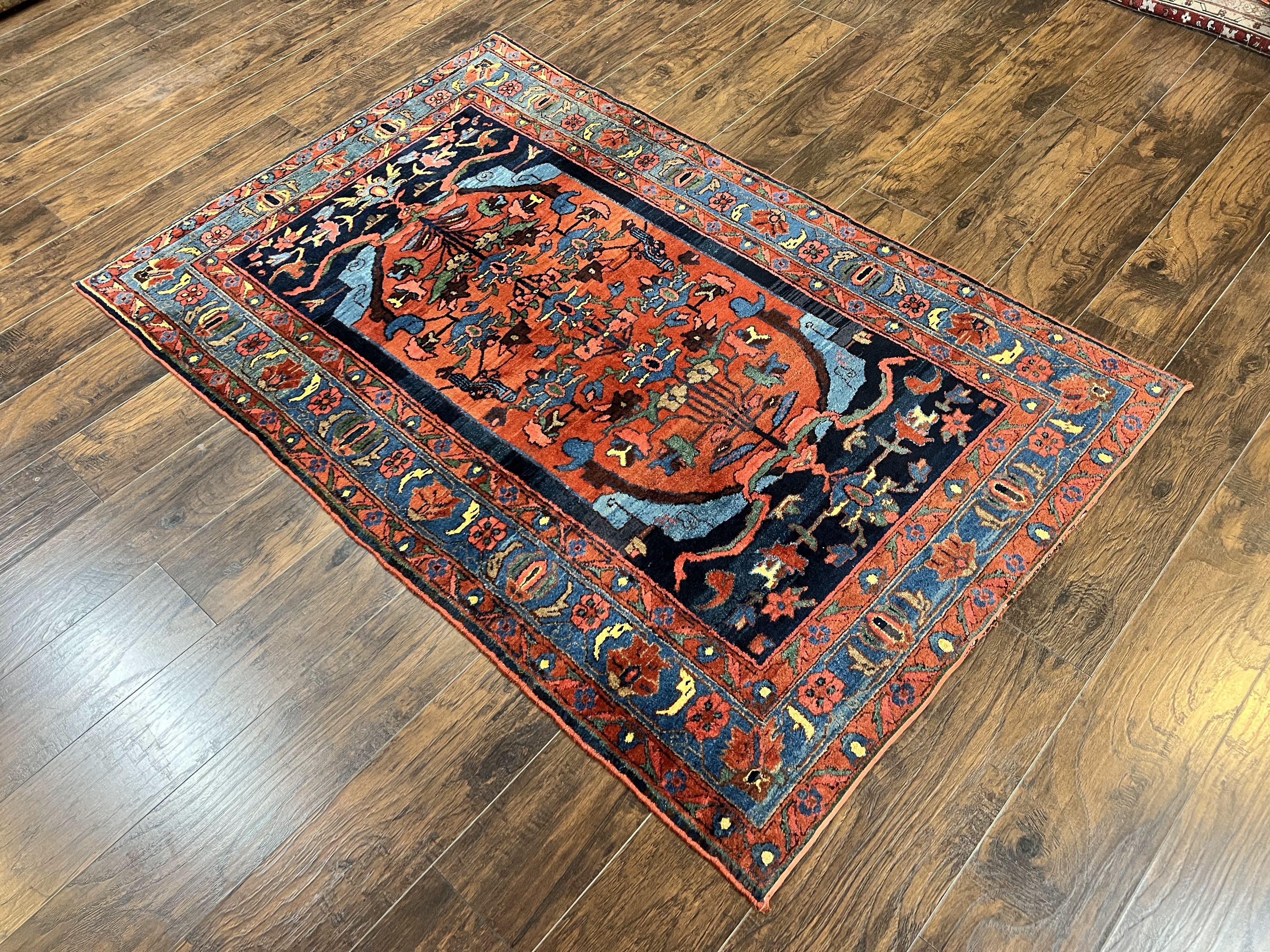 Beautiful Persian Rug 4x7, Red and Blue Rug, Hand Knotted Antique Handmade Persian Carpet, Bidjar Rug, Wool Rug 4 x 7 - Jewel Rugs
