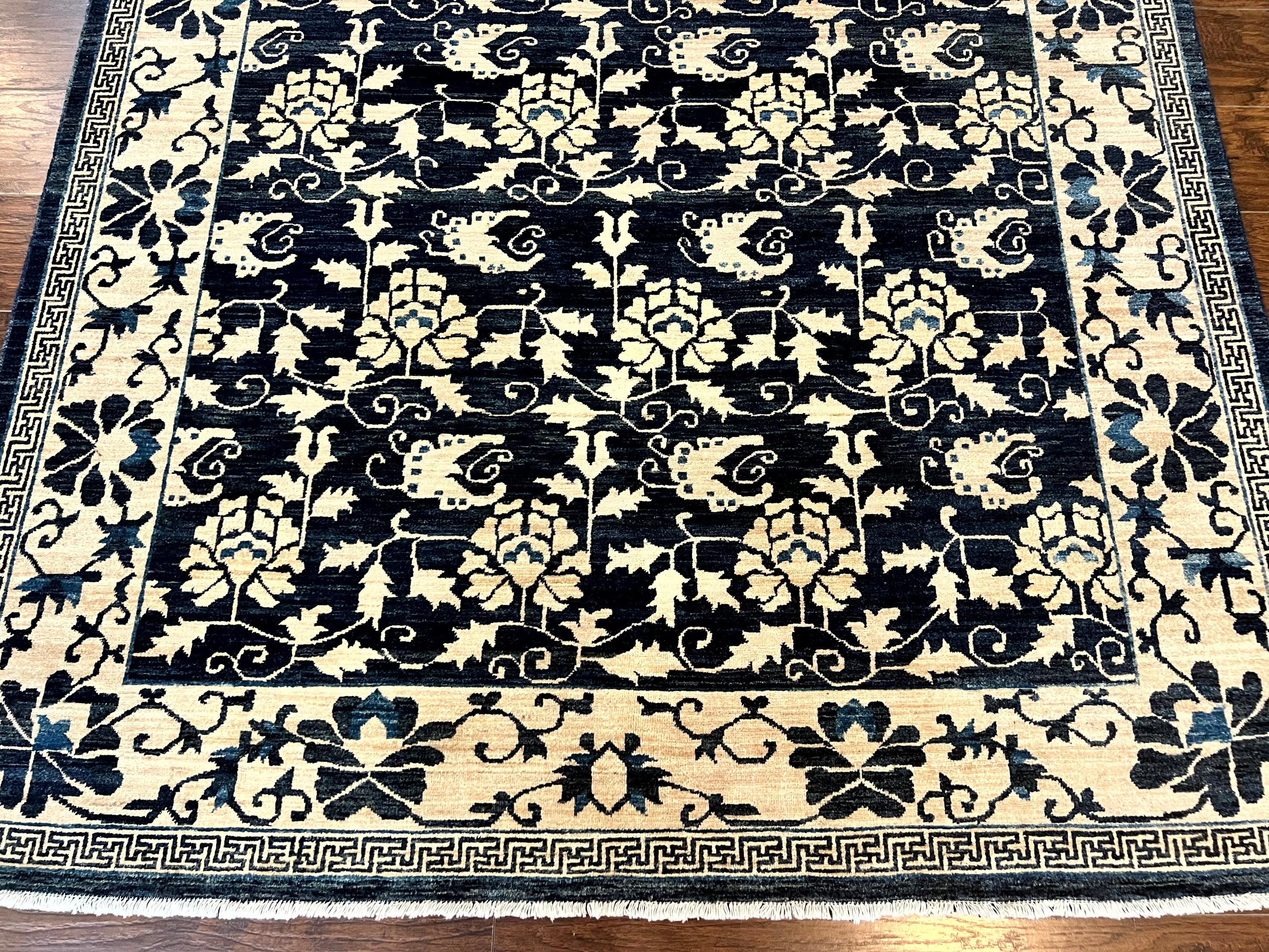 Sino Persian Rug 6x9, Hand Knotted Wool Carpet, Floral Allover, Blue Cream-Tan - Jewel Rugs