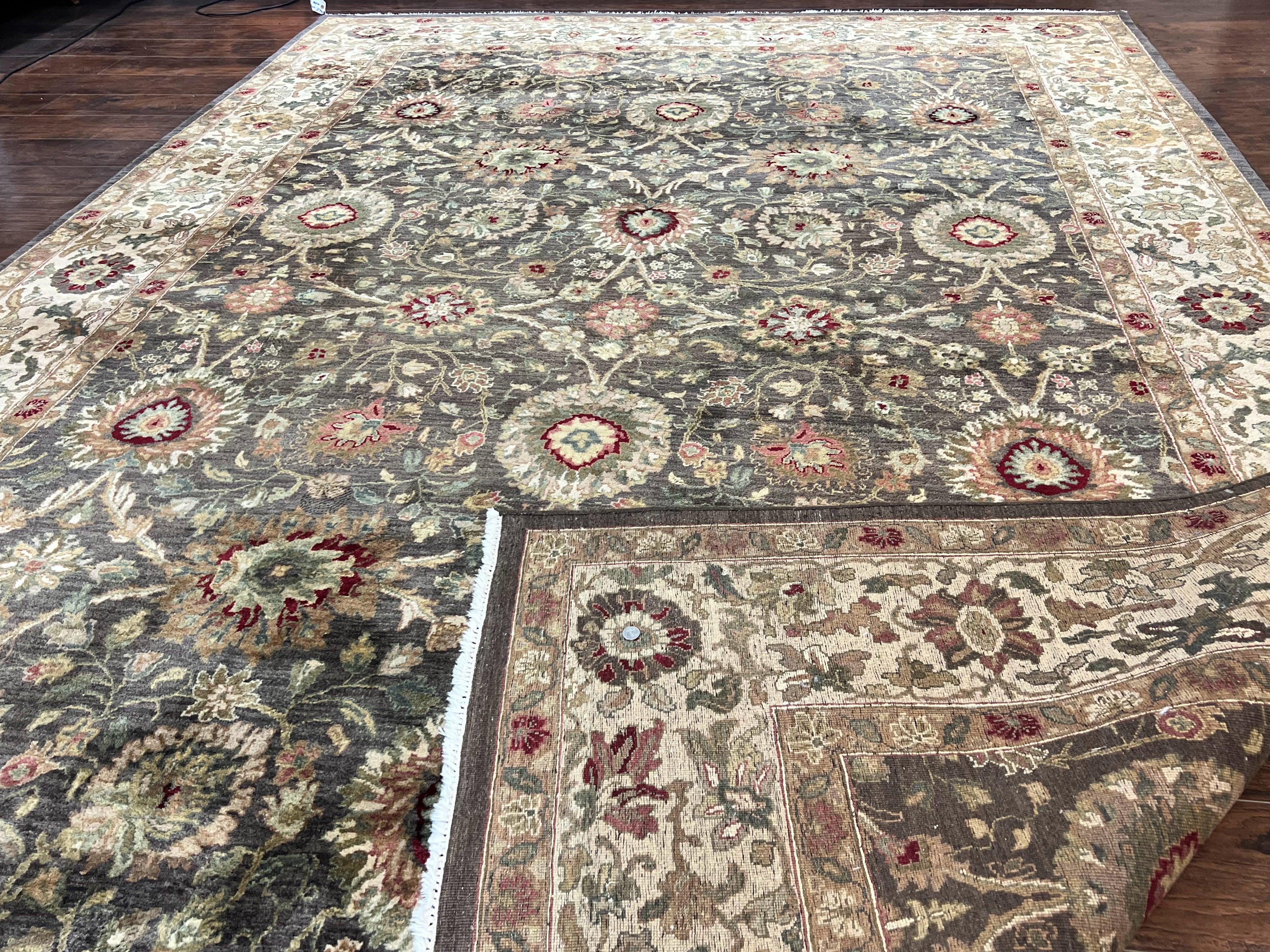 Indo Persian Rug 10x14, Indian Mahal Carpet, Large Wool Hand Knotted Carpet, Traditional Rug, Floral Allover, Dark Brown - Jewel Rugs