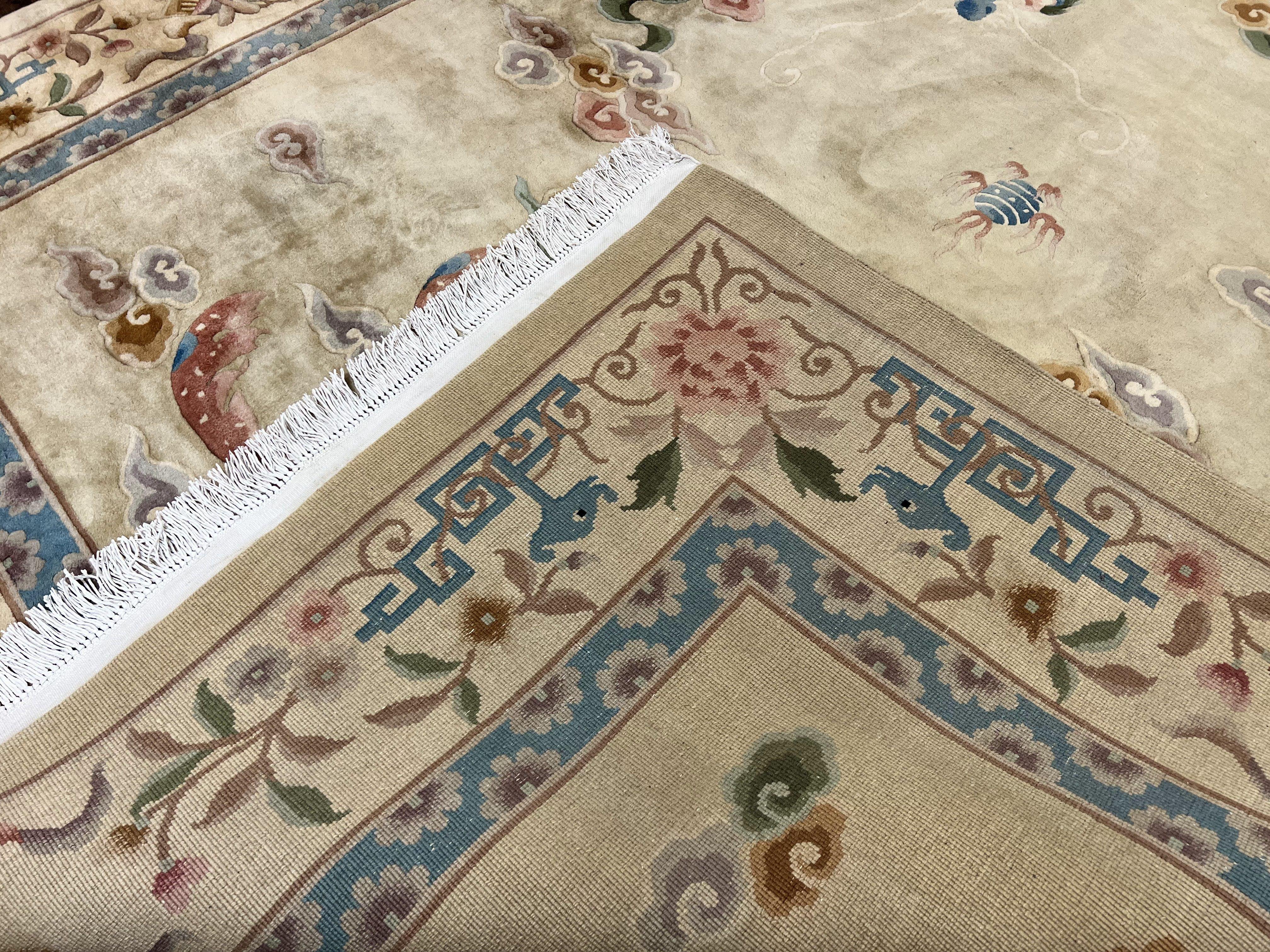 Chinese Wool Rug 8x10 with Phoenix and Dargon, Light Gold and Blue Area Rug, Vintage 1960s Hand Knotted Handmade Asian Art Deco Carpet - Jewel Rugs