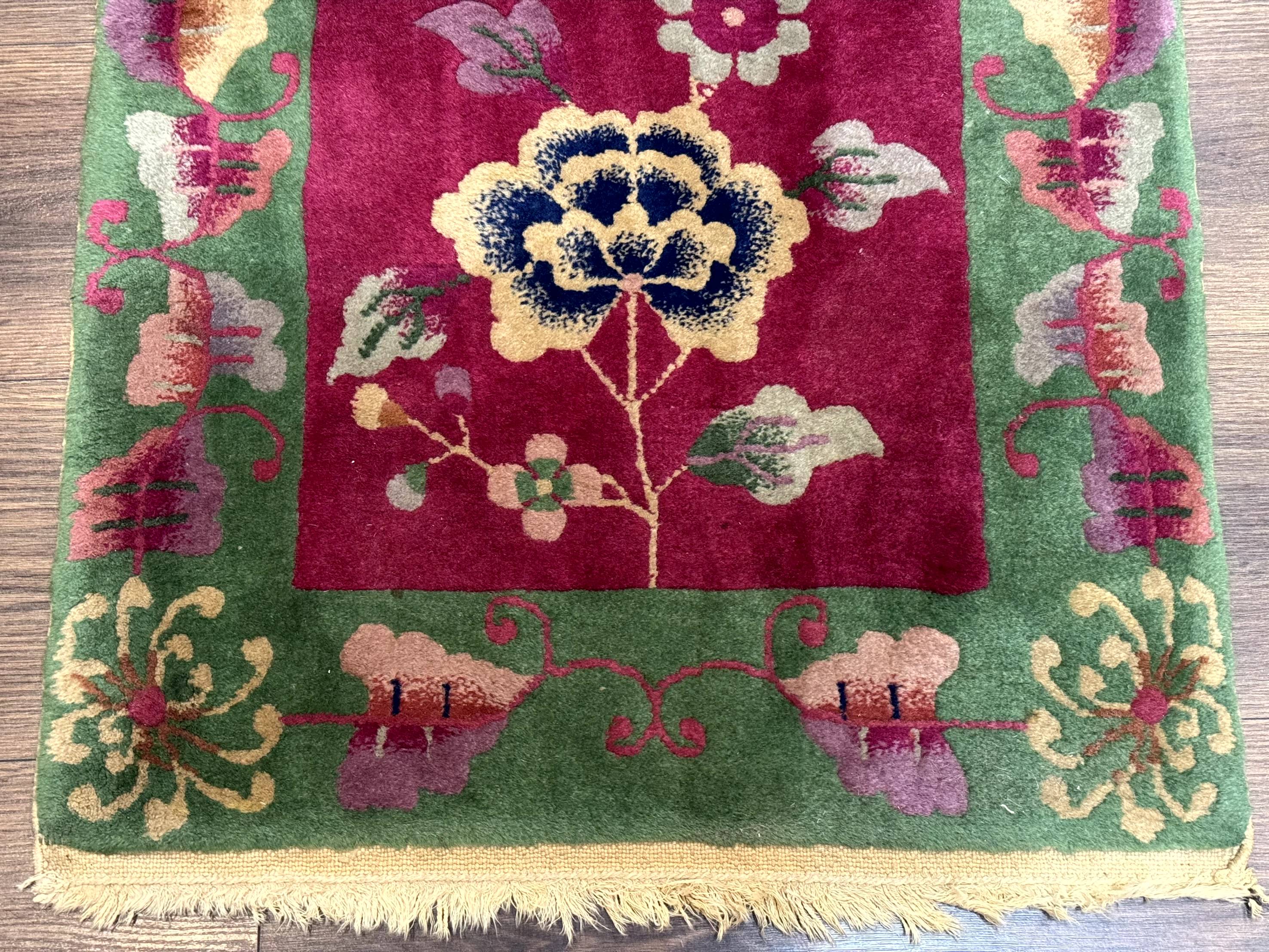 Small Chinese Art Deco Rug 2x4, Magenta and Green, Nichols Carpet, Floral, Wool - Jewel Rugs