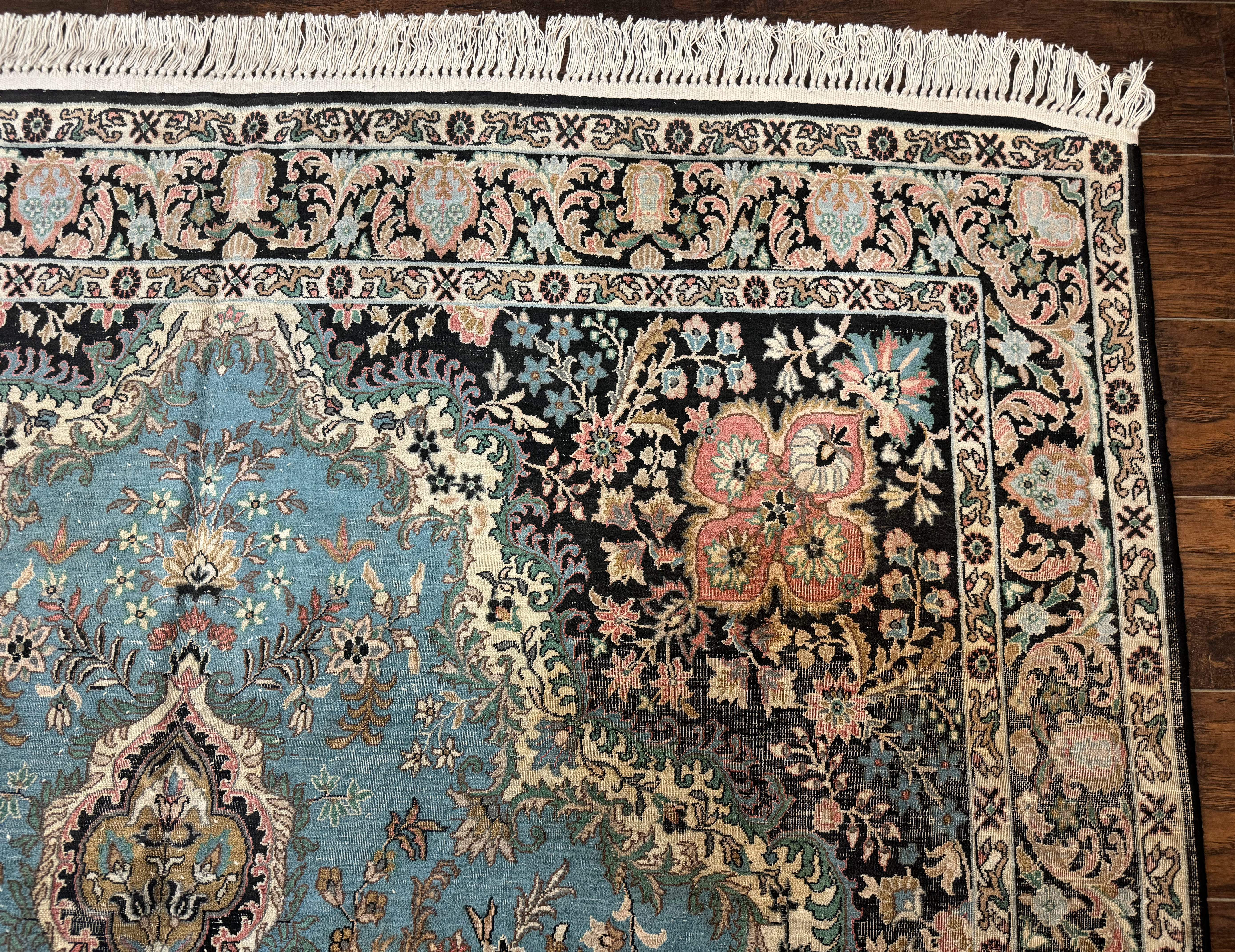 Silk Indian Kashmiri Rug 7x10 – Light Blue, Handmade Vintage Carpet, Low Pile - Jewel Rugs