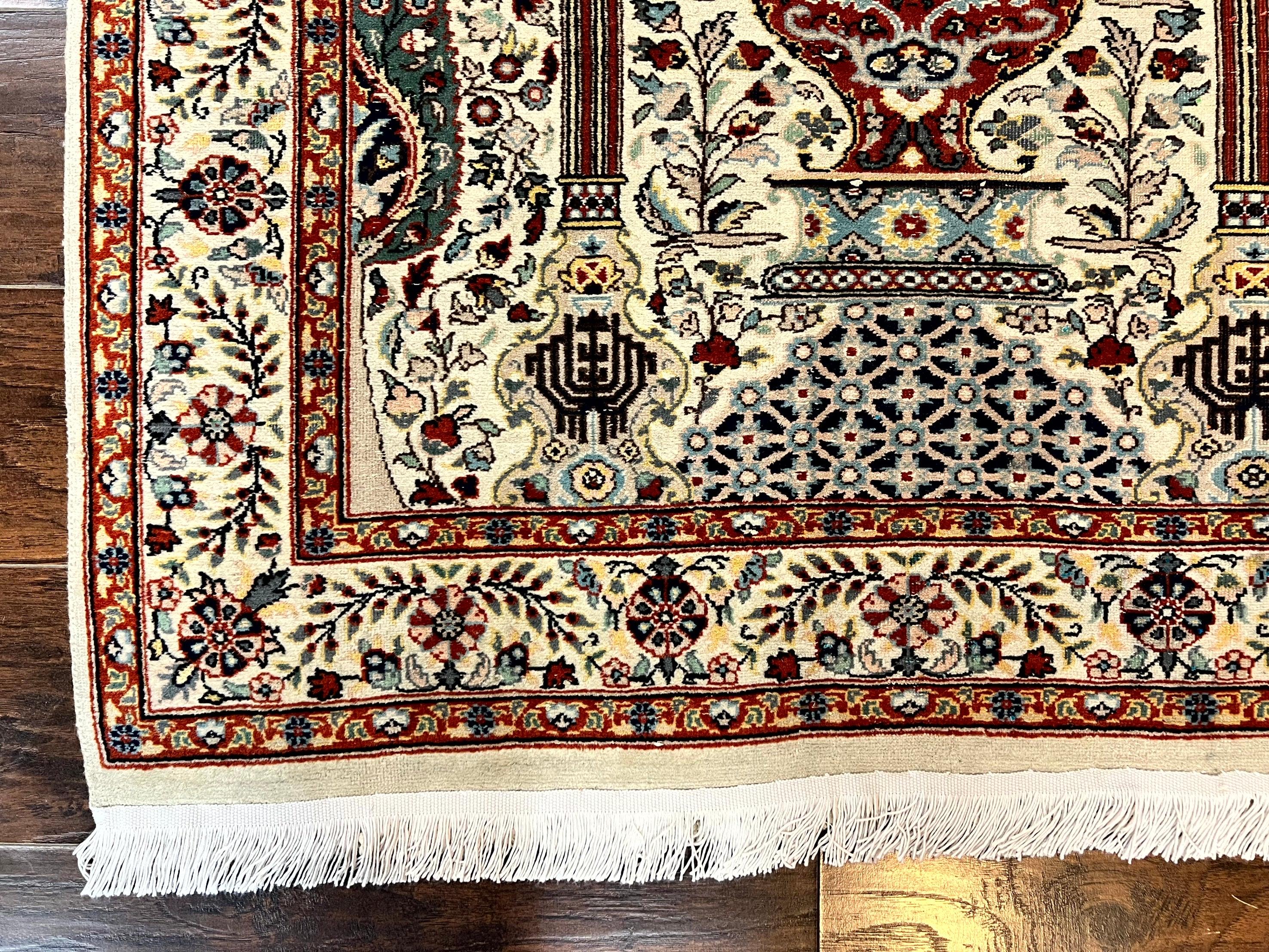 Pak Perisan Prayer Rug 4x6, Tree of LIfe Carpet, Handmade Vintage Wool Rug, Beige, Floral Vases - Jewel Rugs