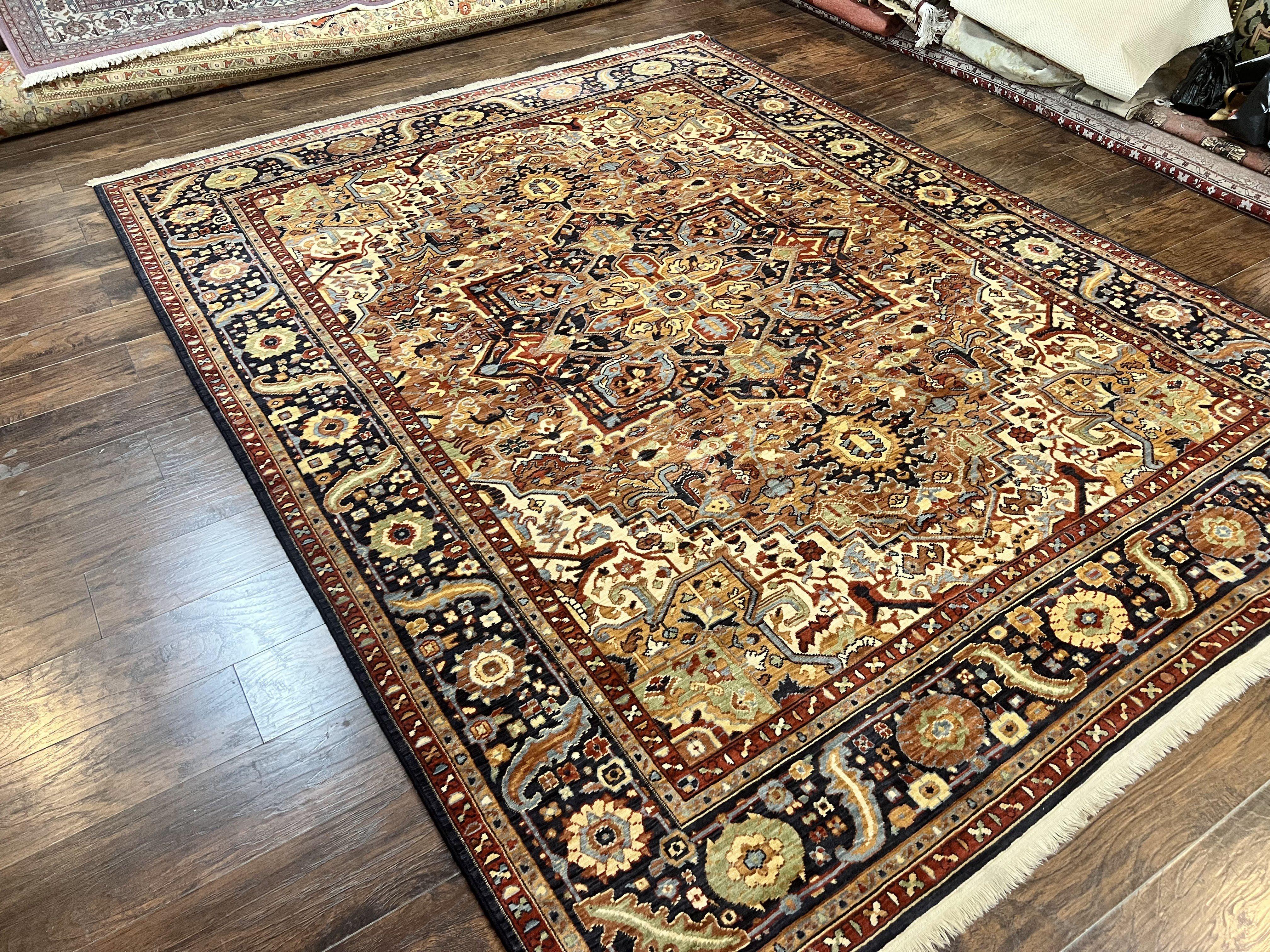 Karastan Rug 8 x 10.5, English Manor Windsor Heriz Karastan Carpet 8x10, Geometric Design, Wool Vintage Area Rug 8 x 10 ft, Red Navy - Jewel Rugs