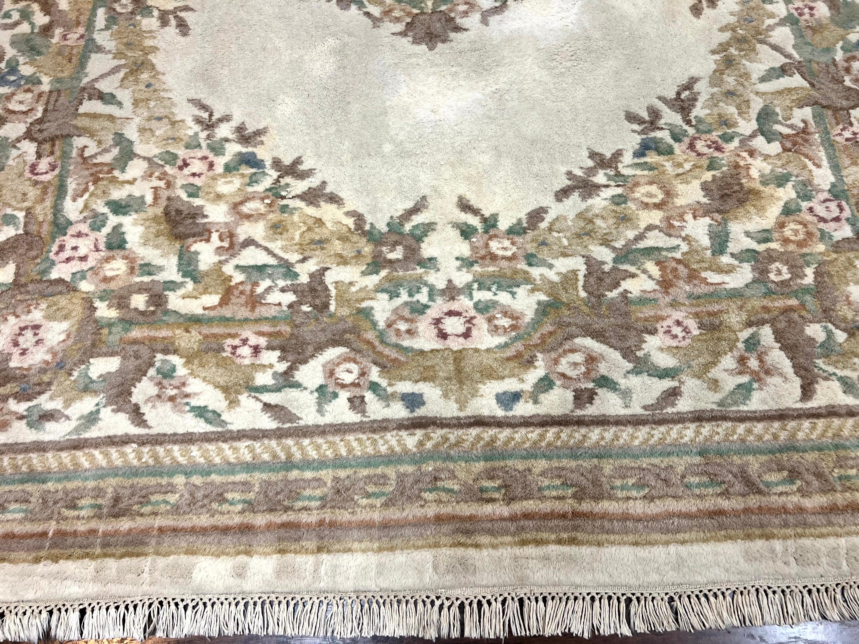 Indo Chinese Aubusson Rug 6x9, Wool Vintage Handmade Rug, Beige - Jewel Rugs