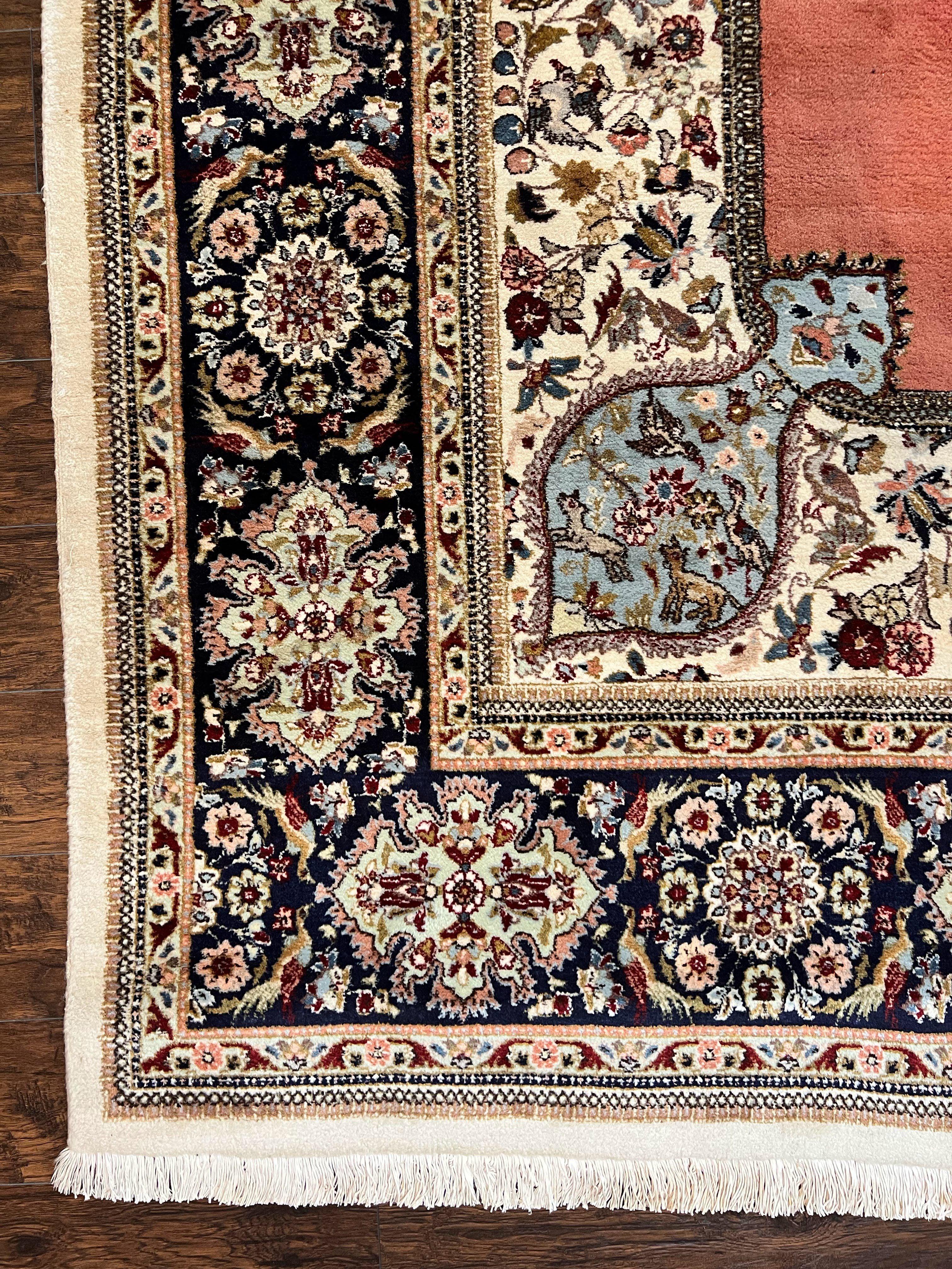 Persian Tabriz Rug 10x13, Wool Hand Knotted Vintage Carpet, Salmon Red & Ivory, Semi Open Field, Birds & Animal Motifs, Large Rug - Jewel Rugs