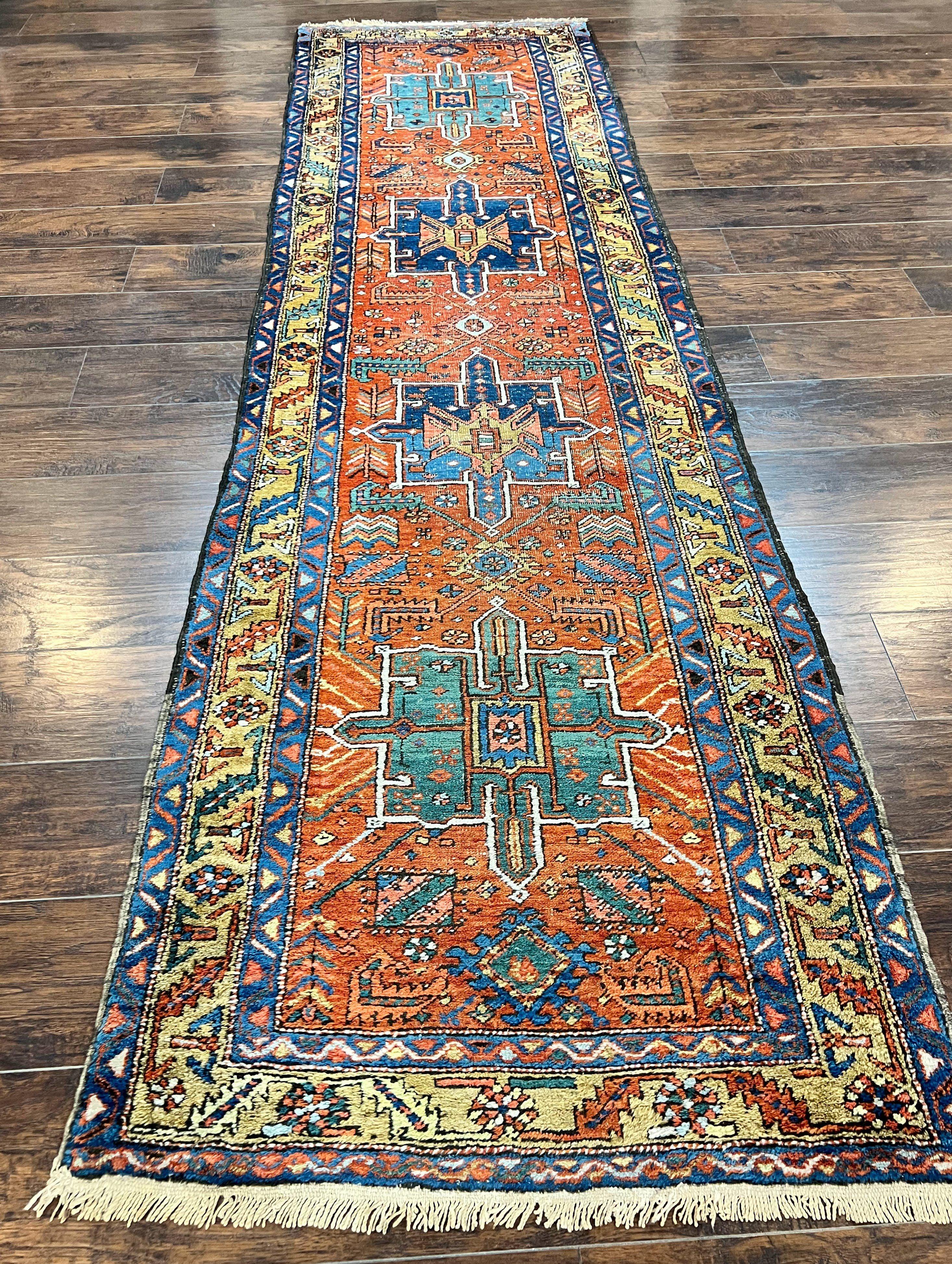 Colorful Persian Karajeh Runner Rug 3 x 10.7, Geometric Heriz Design, Antique Oriental Rug for Hallway, Orange-Red Blue, Handmade Tribal Runner - Jewel Rugs