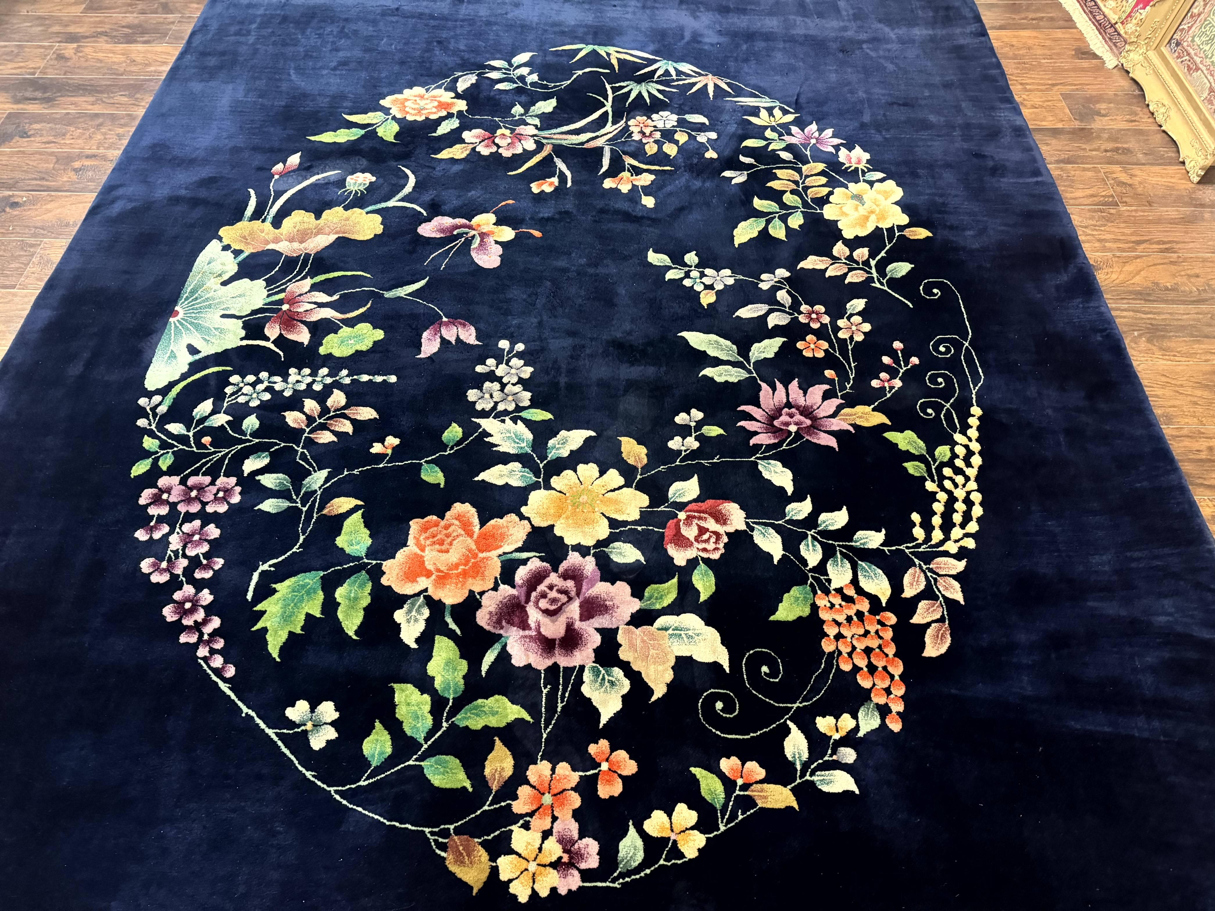 Chinese Art Deco Rug 10 x 11.5, Navy Blue Vintage Nichols Floral Wool Carpet - Jewel Rugs