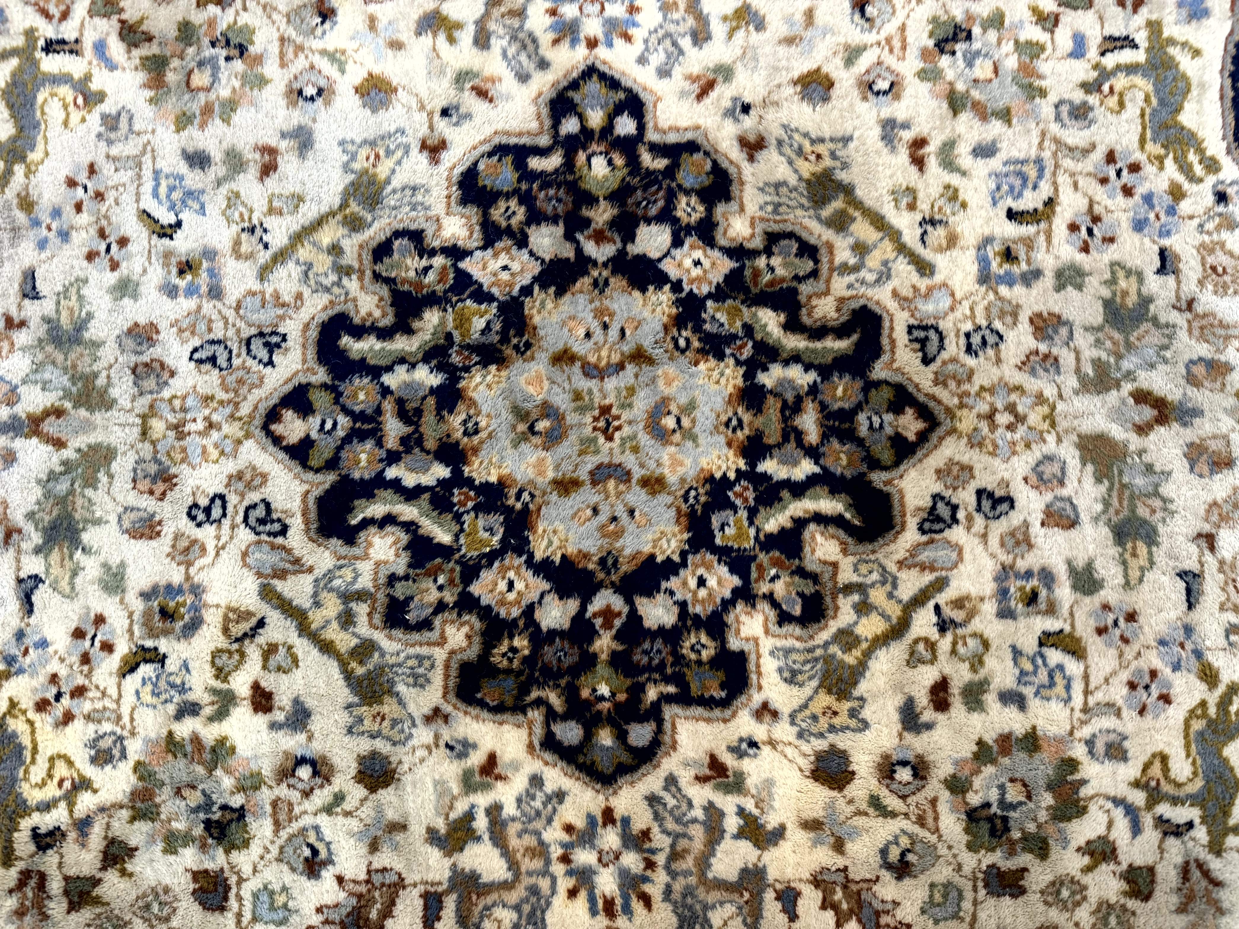 Indo Persian Rug 6x9 – Ivory and Navy, Hunting Design, Wool, Vintage, Poetry in Borders - Jewel Rugs