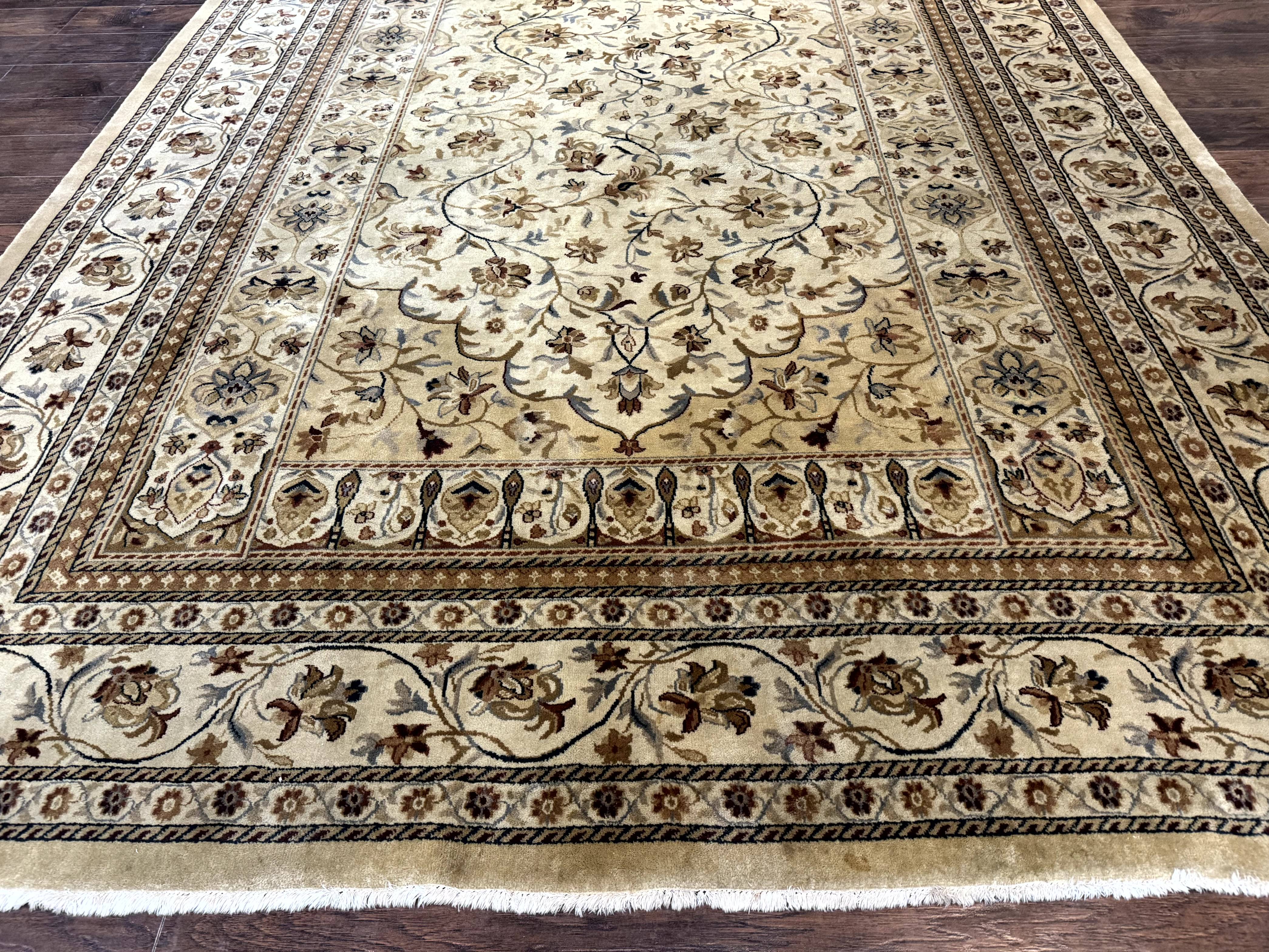 Indo Persian Rug 8x11, Beige, Handmade Vintage Traditional Carpet - Jewel Rugs