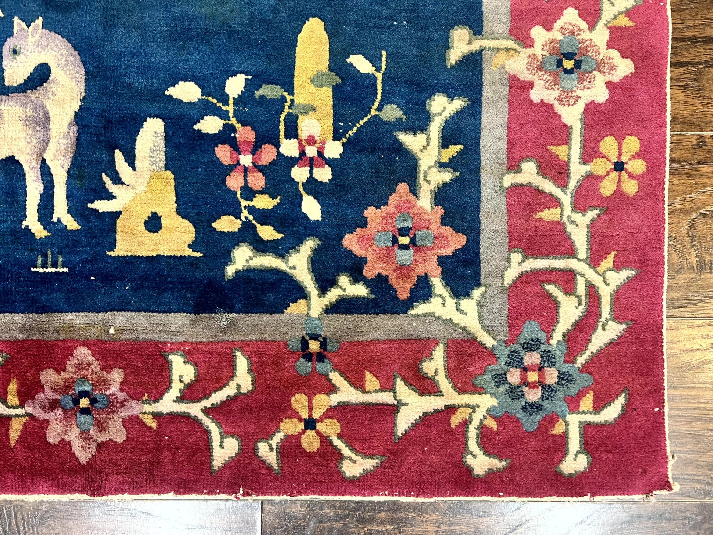 Antique Chinese Art Deco Rug, Animal Pictorials, Navy Blue and Magenta, Chinese Nichols Carpet, Wool - Jewel Rugs