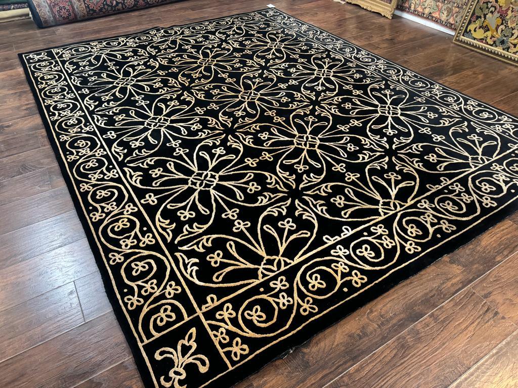 Tibetan Rug 8x10, Wool and Silk, Raised Pattern, Black and Gold, Floral - Jewel Rugs