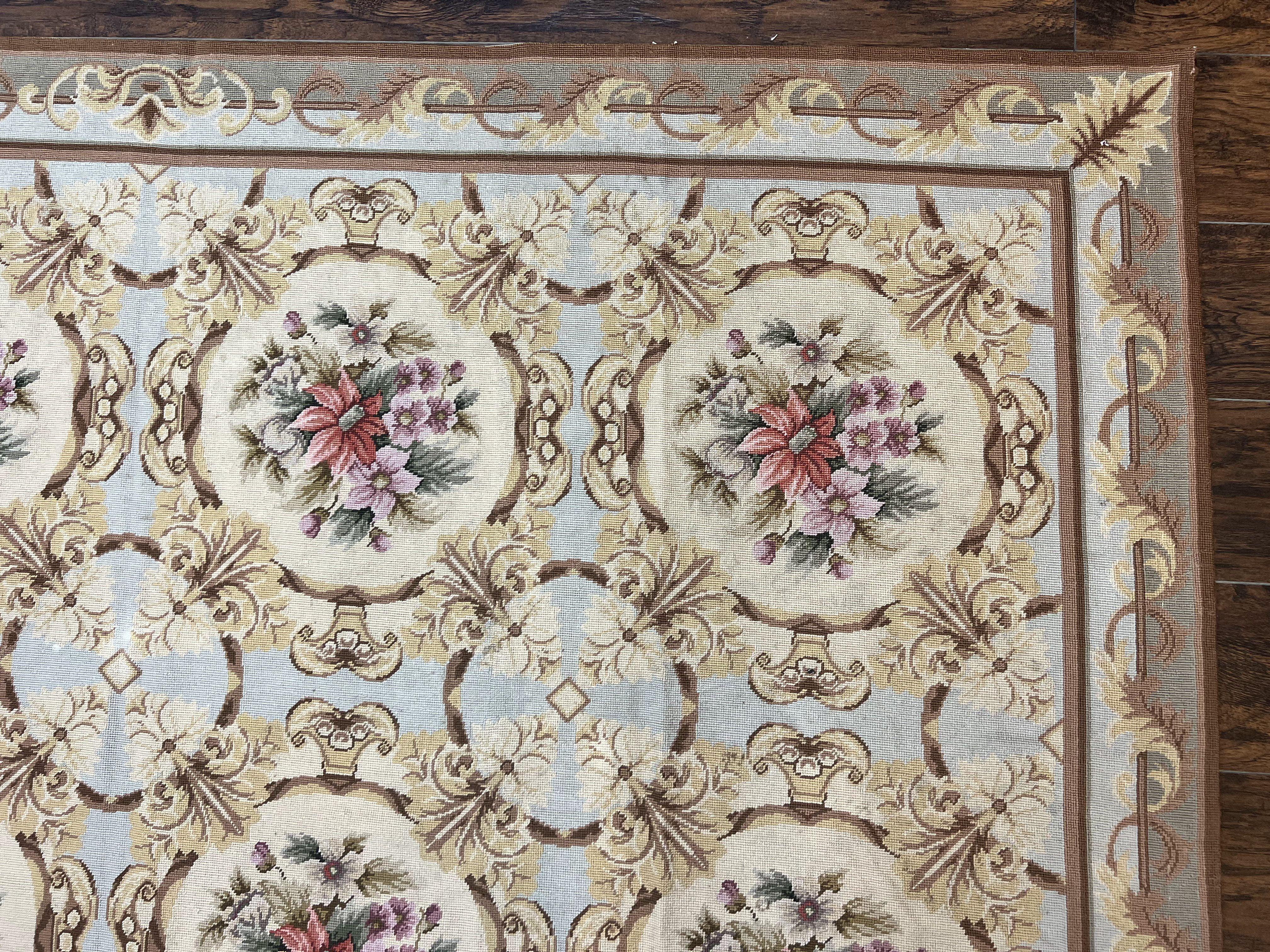 Chinese Needlepoint Rug 8x11, Handmade Wool Needlepoint Carpet, Vintage, Sky Blue - Jewel Rugs