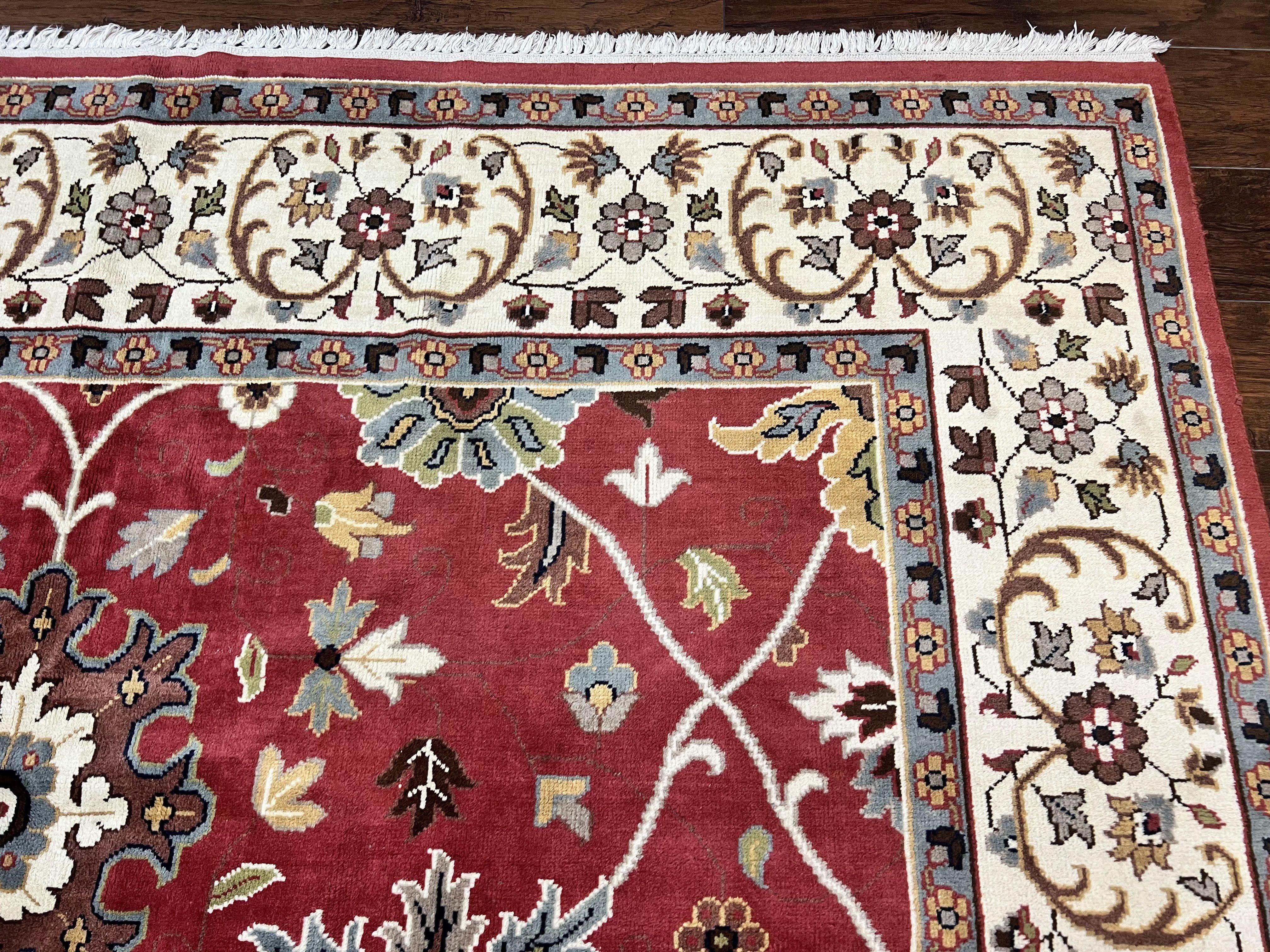 Indo Persian Rug 9x12, Wool Hand Knotted Vintage Carpet, Red & Ivory, Floral Allover, 9 x 12 Room Sized Rug - Jewel Rugs