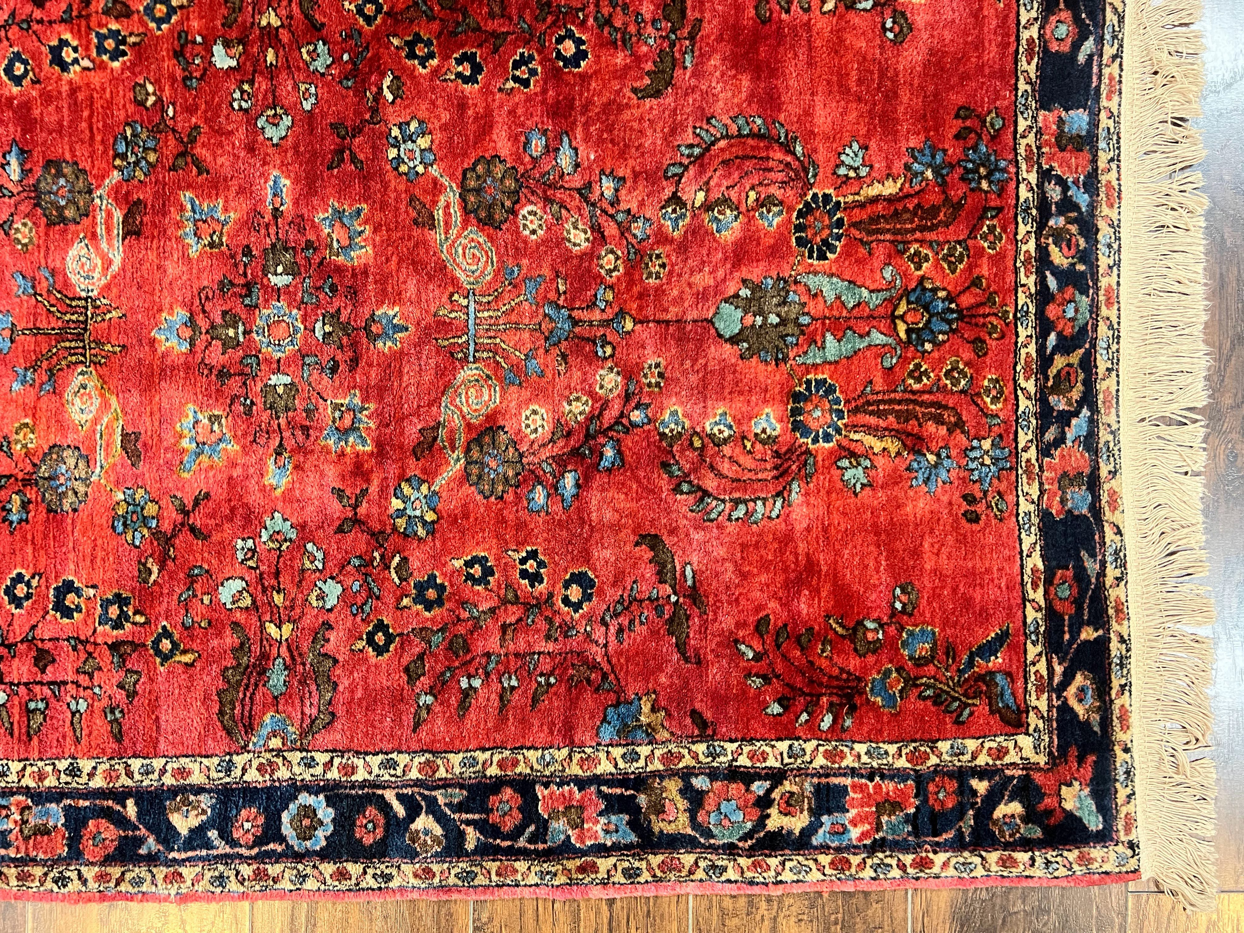 Persian Sarouk Rug 3x5, Antique Persian Carpet, Red and Navy Blue, Hand Knotted Handmade Floral Wool 1920s Fine Oriental Rug - Jewel Rugs