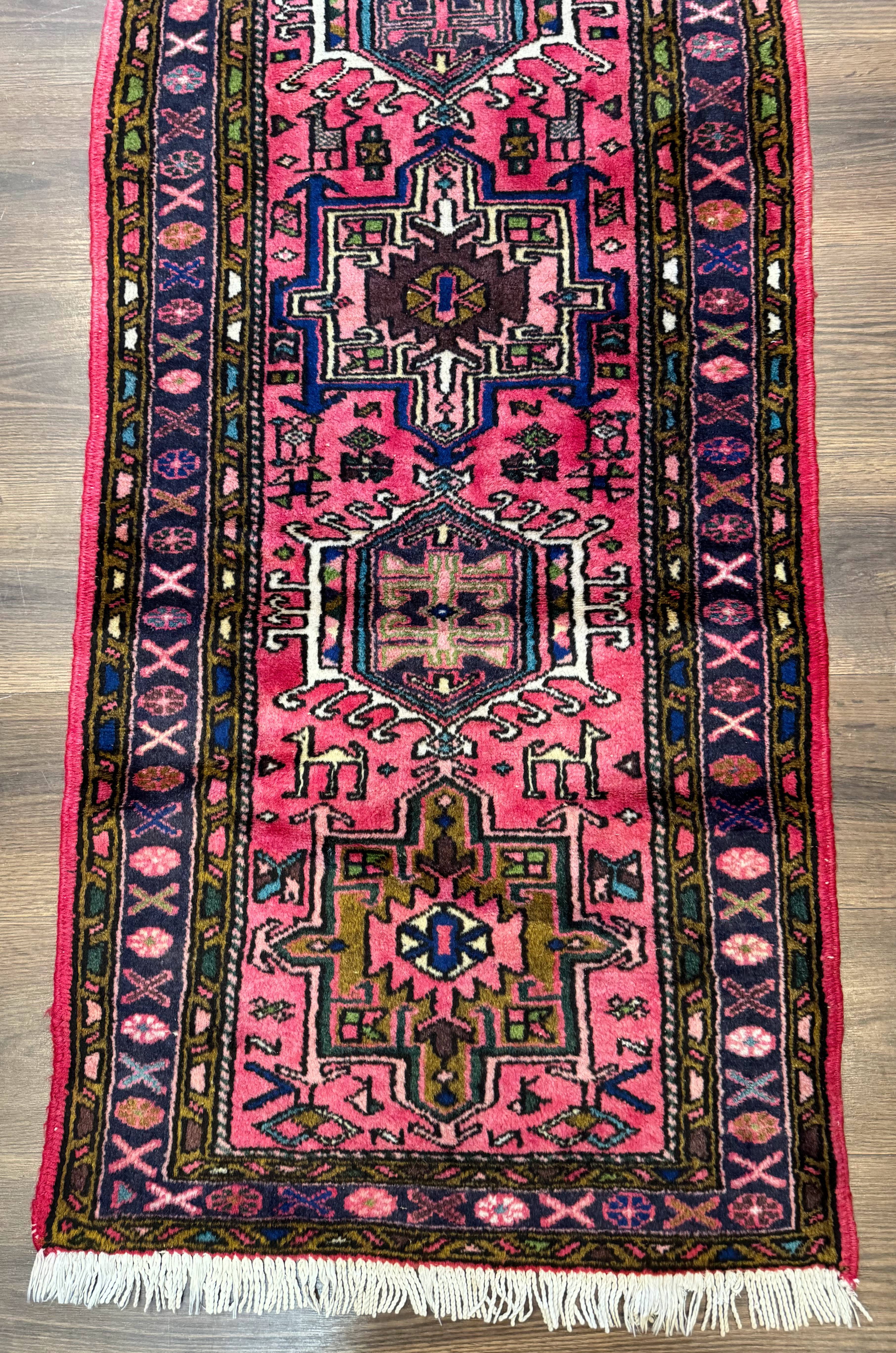 Vintage Persian Karajeh Runner Rug 2 x 9.8, Pink and Navy, Geometric Design - Jewel Rugs