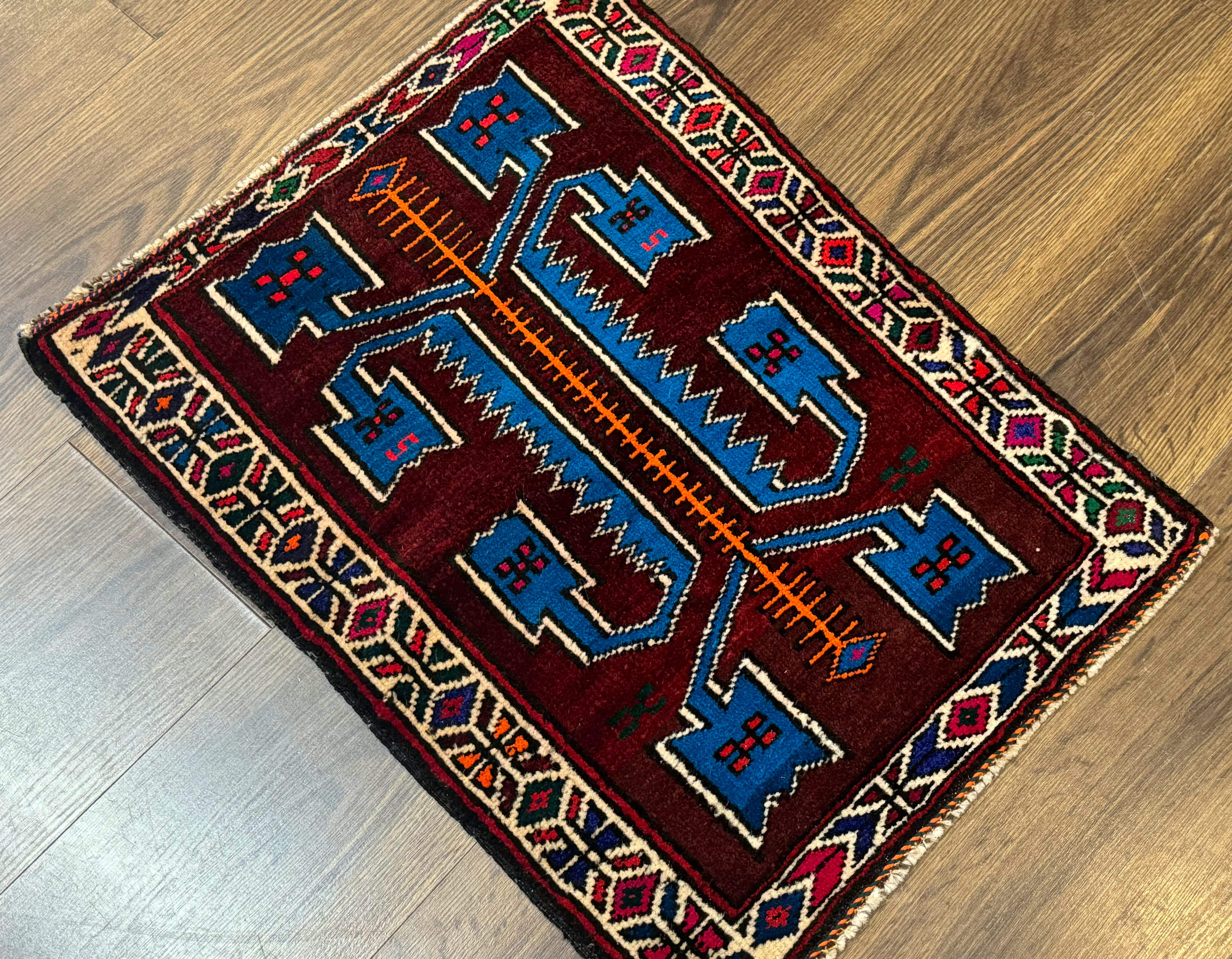Persian Tribal Rug 1.8 x 2, Small Balouchi Rug, Unique Design, Burgundy and Blue - Jewel Rugs