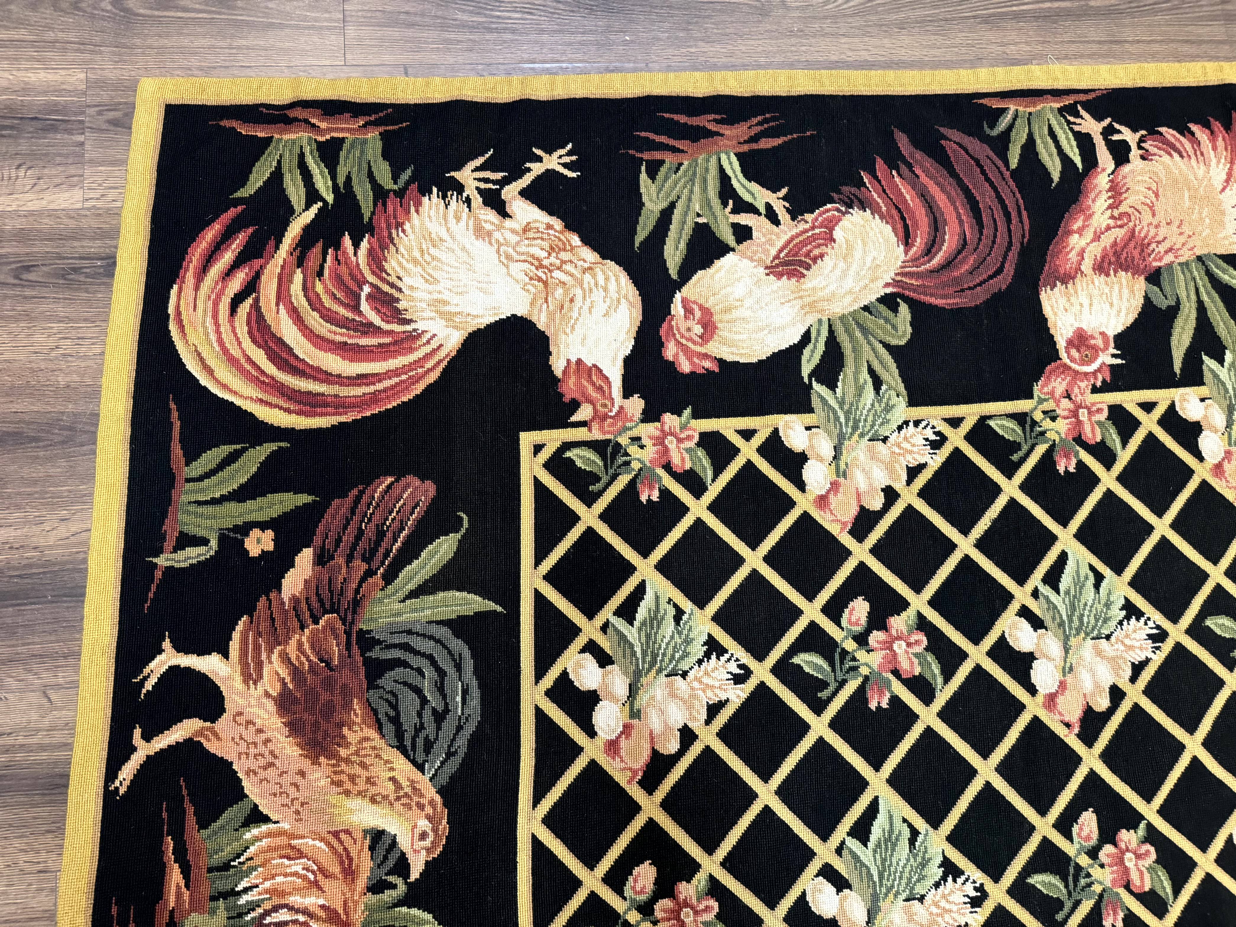 Black Needlepoint Rug 8x10, Roosters Floral Unique Needlepoint Carpet - Jewel Rugs