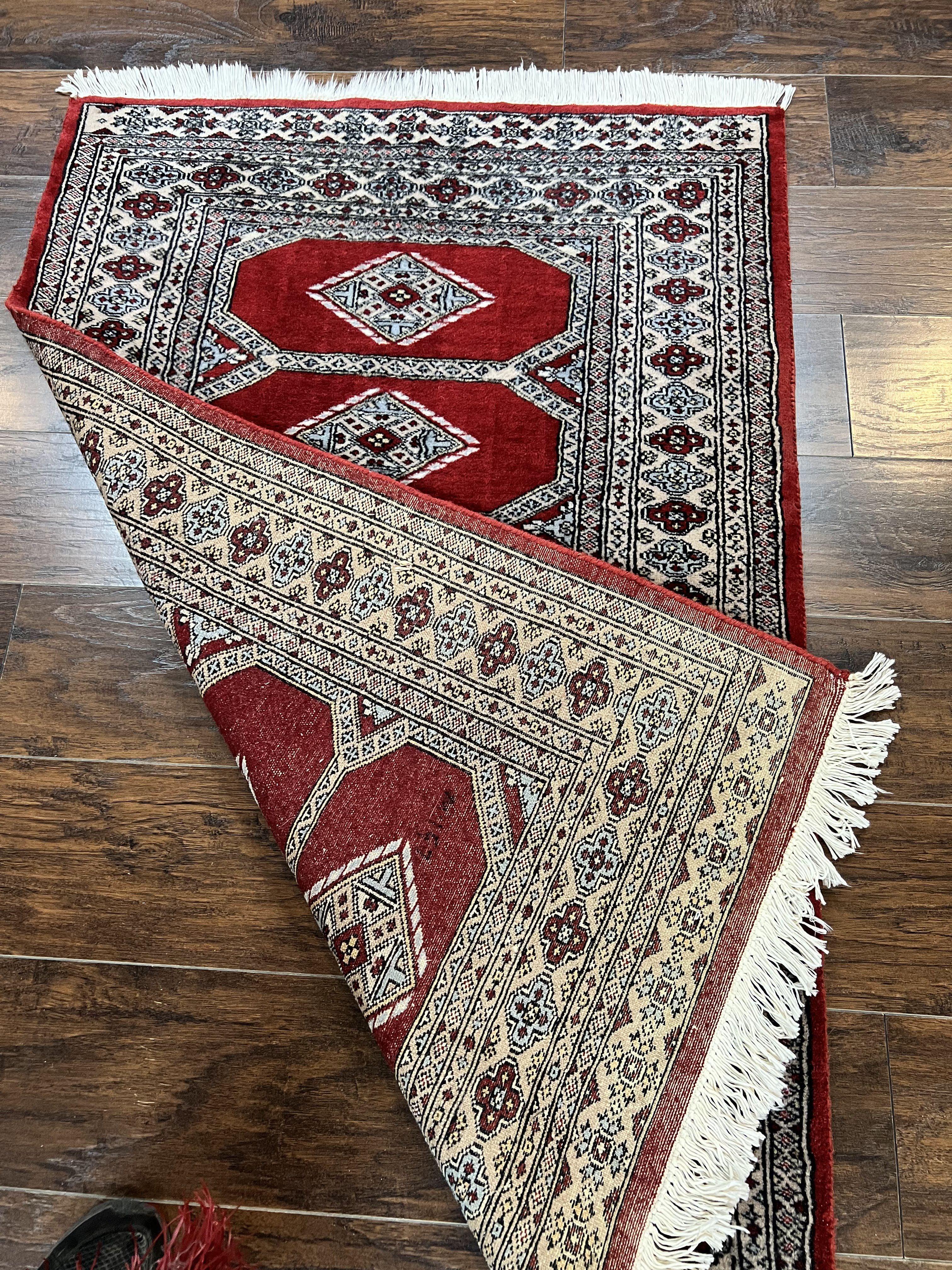 Red Turkoman Bokhara Rug 3x5, Pakistani Carpet 3 x 5 ft, Hand Knotted Wool Vintage Rug - Jewel Rugs