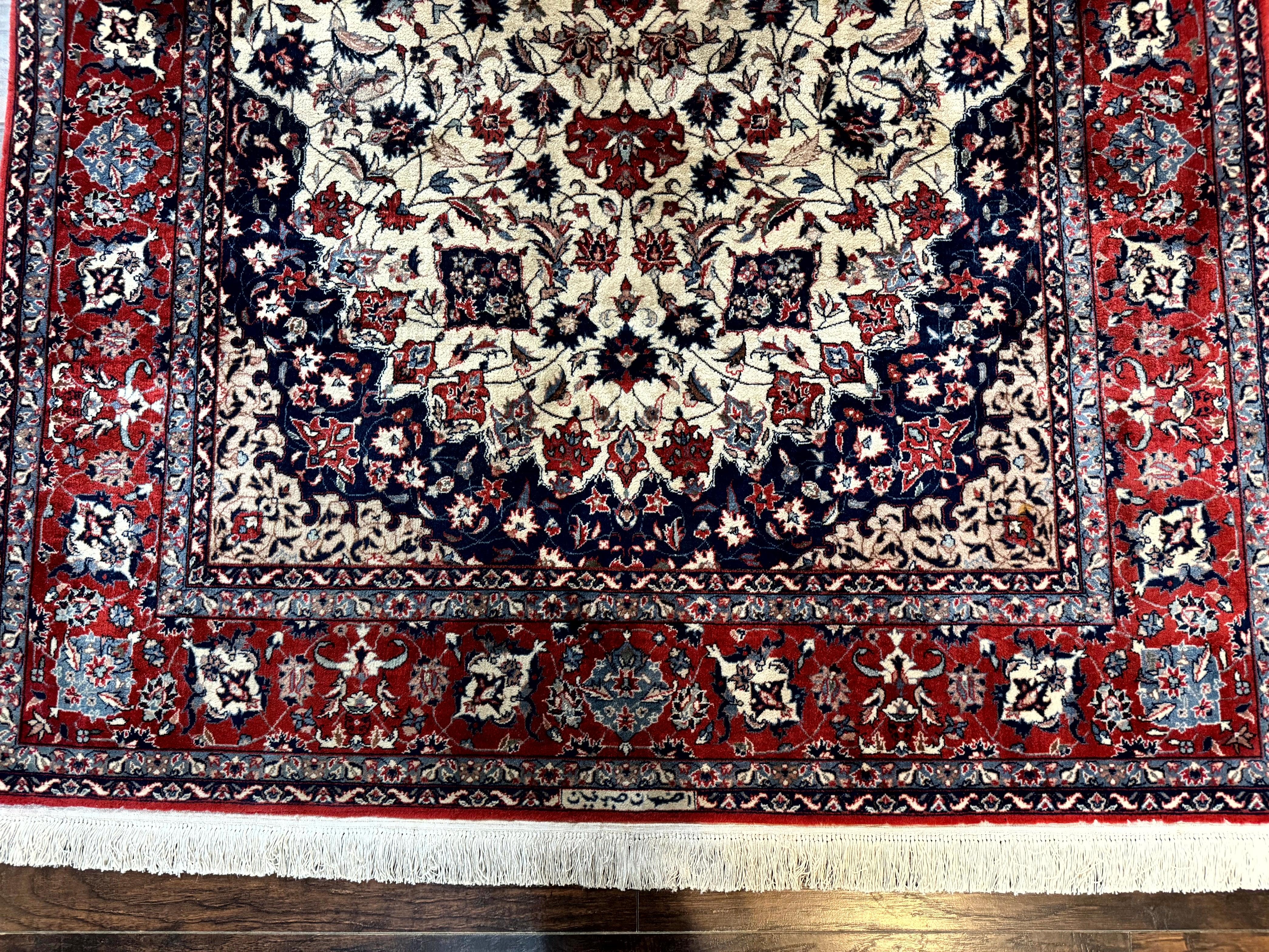 Sno Persian Rug 5x8, Signed by Master Weaver, Beige and Red, Very Fine 290 KPSI - Jewel Rugs