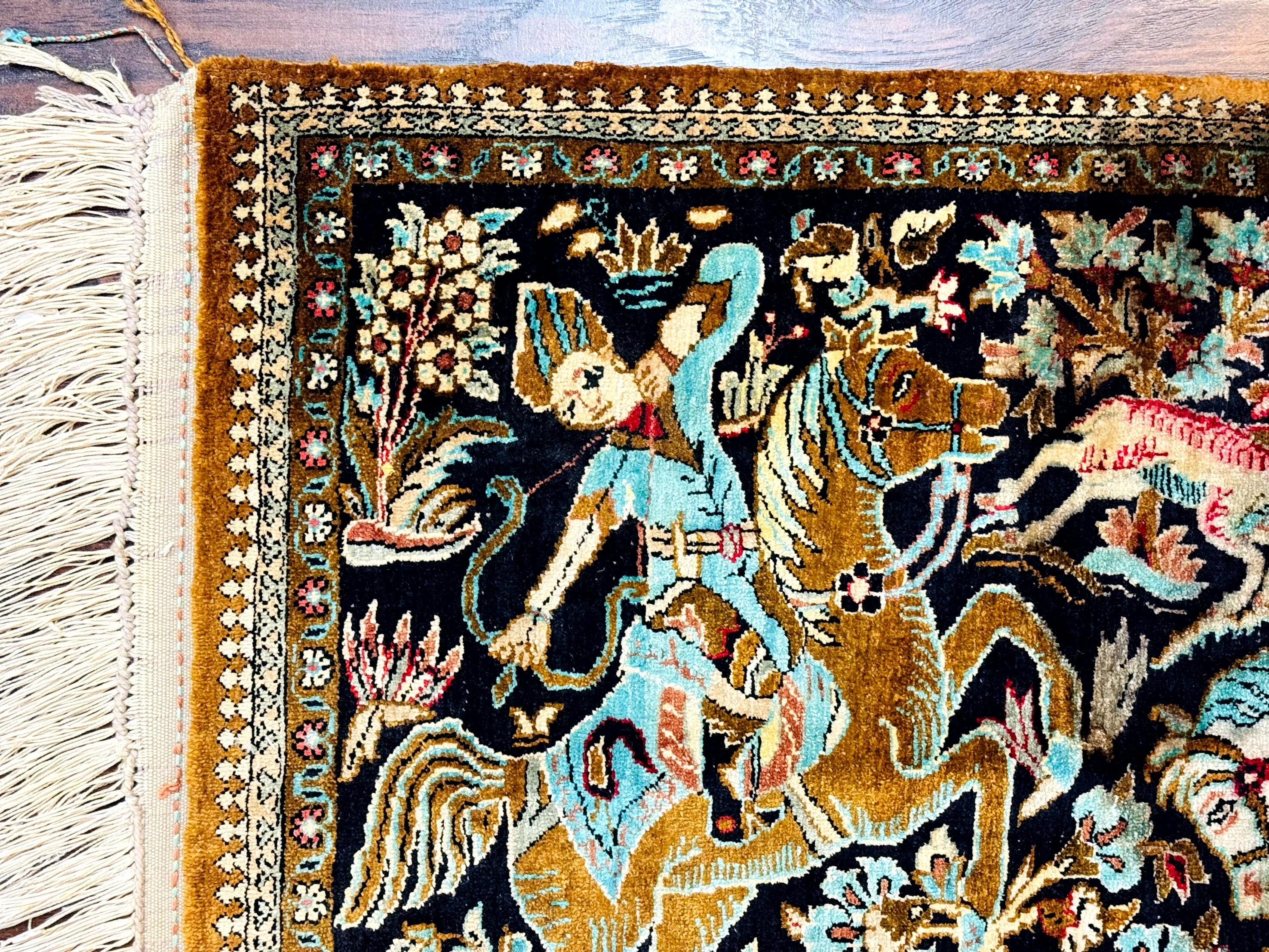 Persian Silk Qum Hunting Design Rug 2x3, Hunting Pattern, Horsemen, Silk on Silk, 330 KPSI - Jewel Rugs