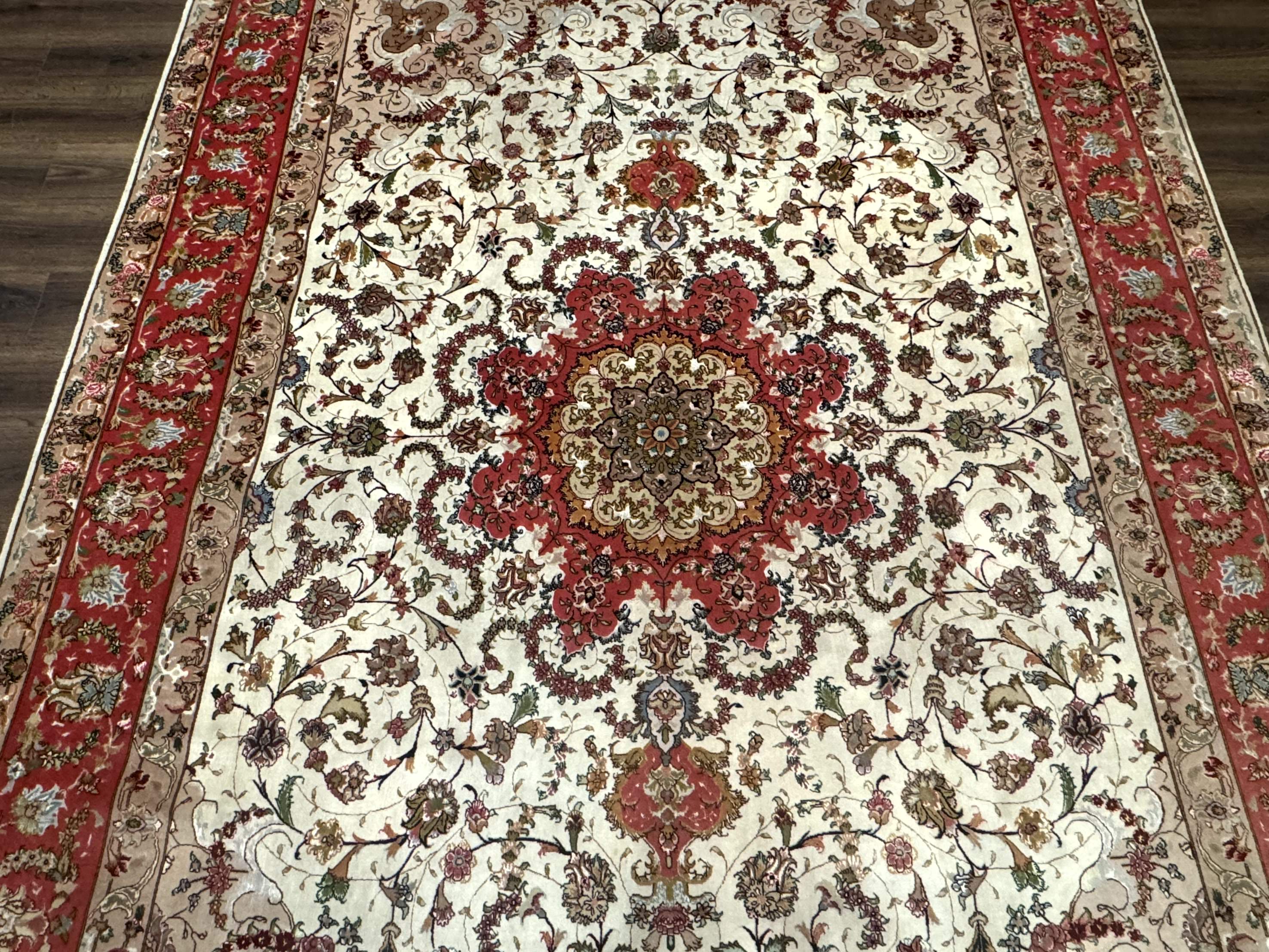 Persian Tabriz Rug 8x12 – Ivory and Coral Red, Hand-Knotted Wool Fine Carpet - Jewel Rugs