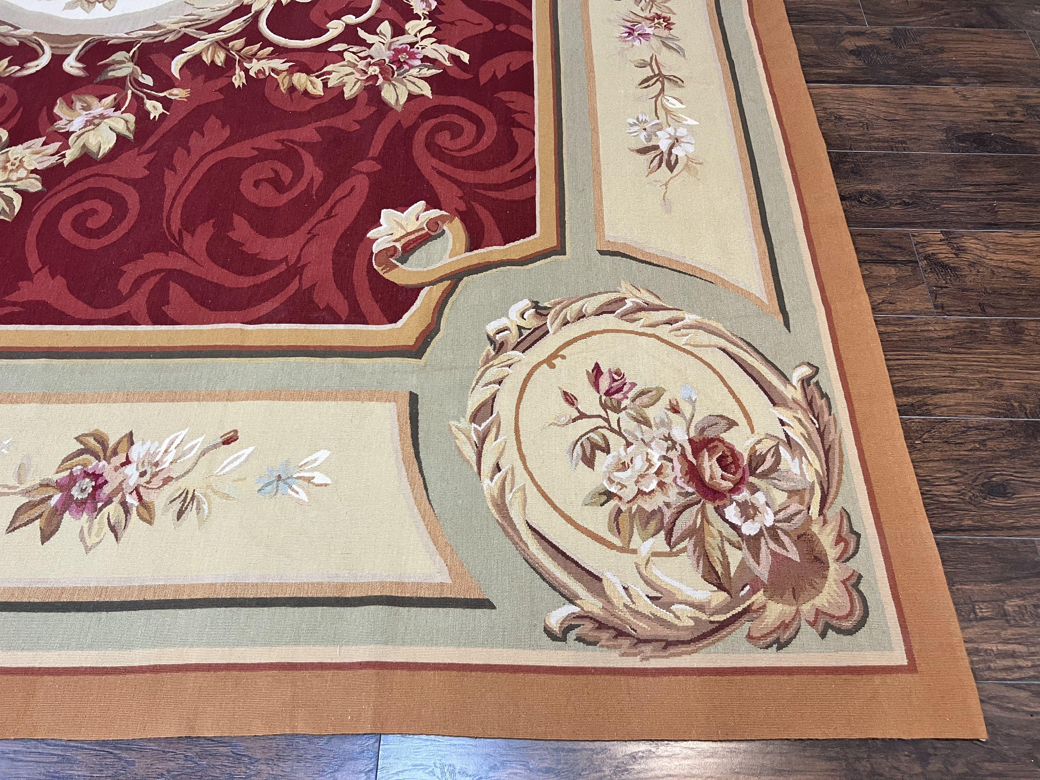 Large Aubusson Rug 10x14, Wool Handmade Vintage Carpet, Dark Red Ivory Tan, French European Elegant Aubusson Weave Rug - Jewel Rugs